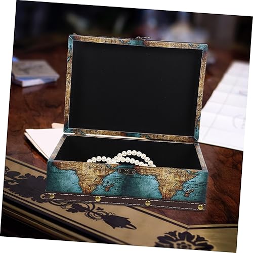 Miniatura 7 de Caja de almacenamiento de madera de estilo antiguo con diseño de mapa, organizador de recuerdos vintage para joyas, baratijas y documentos, baúl