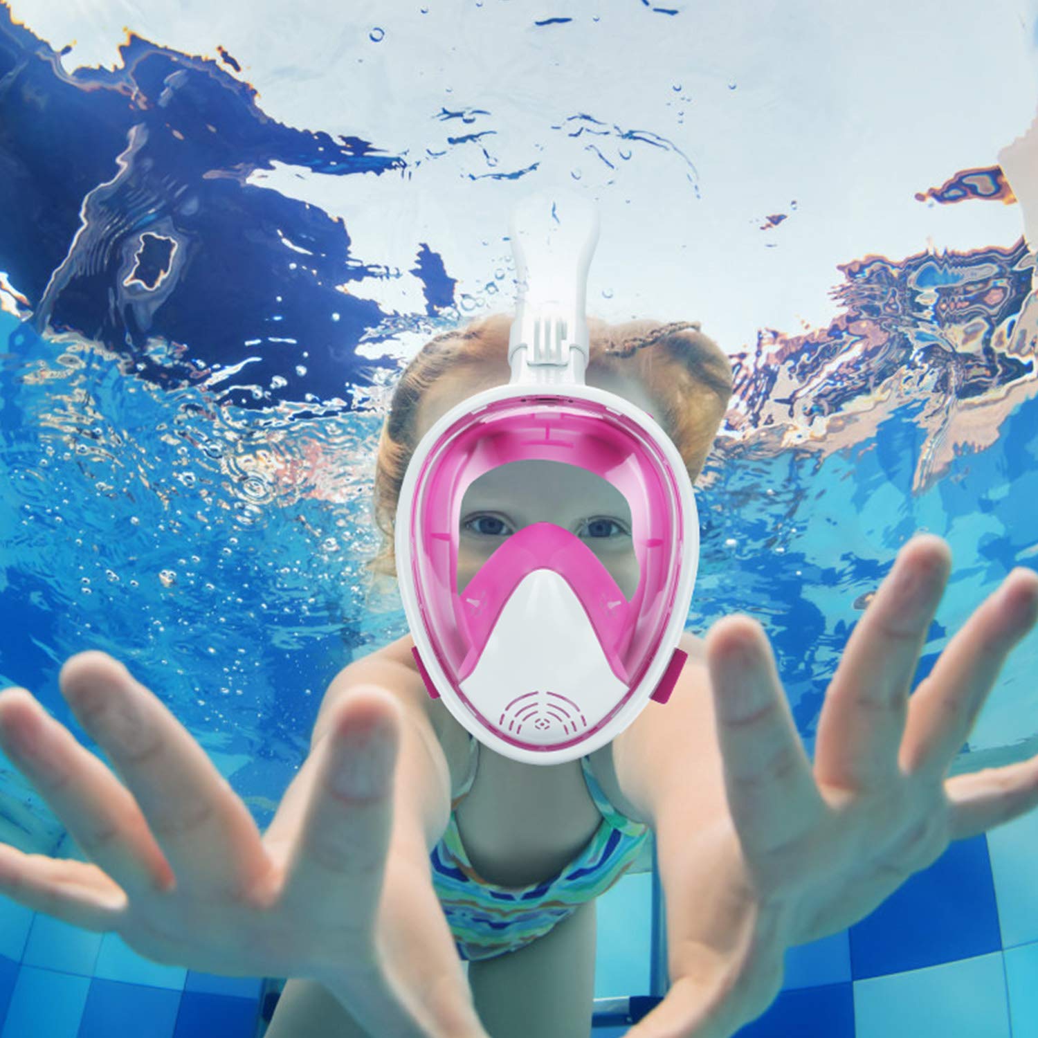 Oumers - Máscara de Snorkel de Rostro Completo para niños, Vista panorámica de 180°, con Sistema de respiración de Seguridad, Soporte de cámara Desmontable, antivaho, antifugas