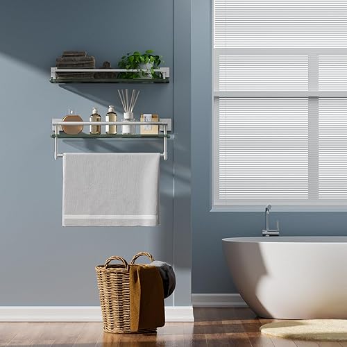 Miniatura 2 de Alise Estante de baño con toallero, estantes de baño montados en la pared, estante de vidrio flotante de 20 pulgadas para pared de baño y ducha