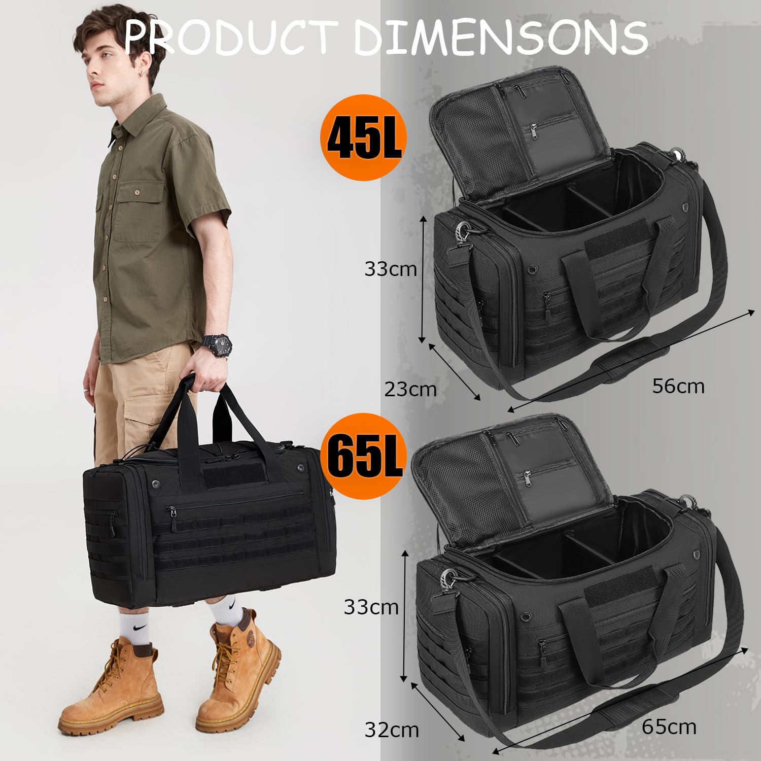 Torba sportowa męska 45L z 2 przegrodami, torba podróżna taktyczna, sportowa torba duffle do siłowni, fitness, weekendu, sauny, czarny, 56 x 23 x 33 cm