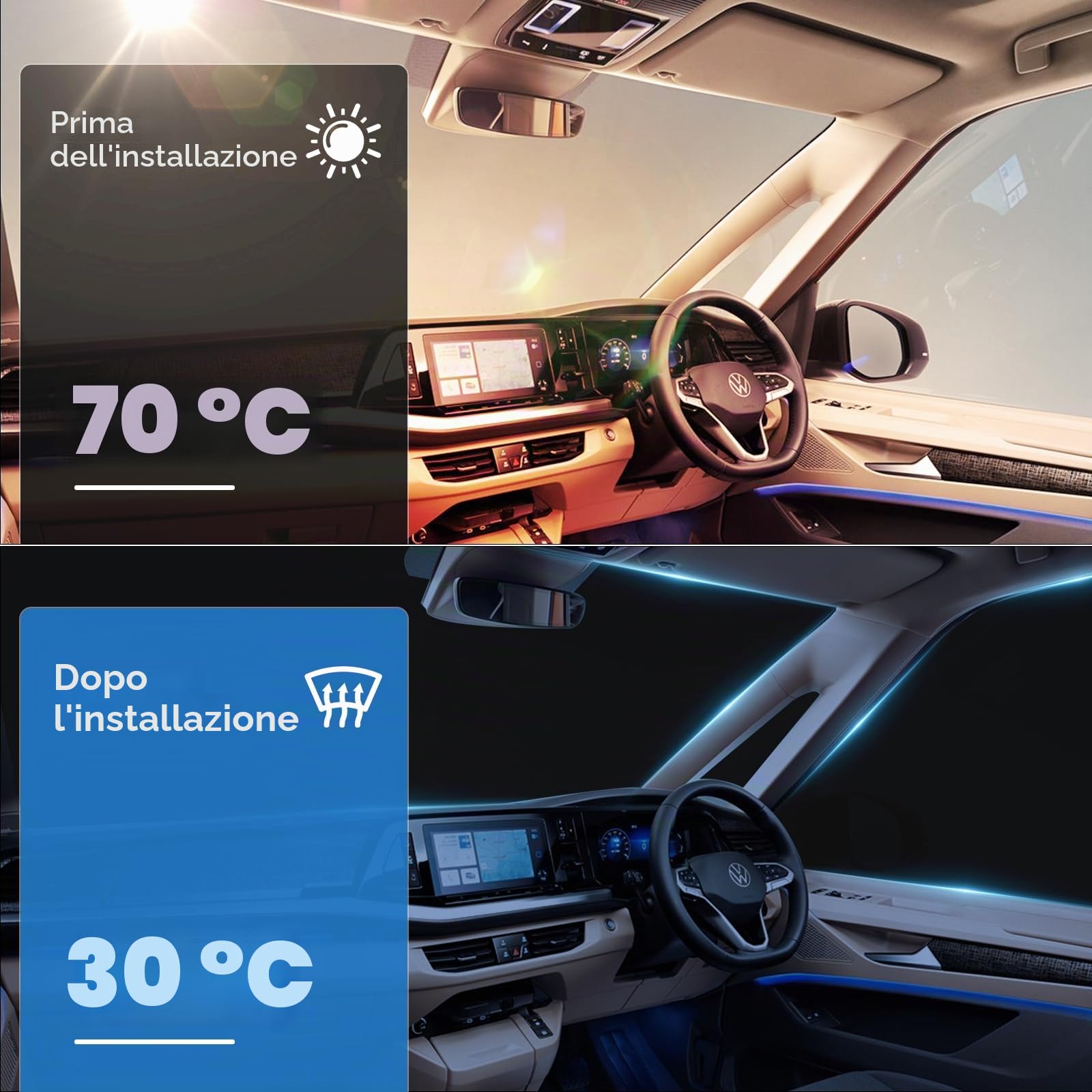 Copertura per parabrezza di ricambio per VW Caravelle/Transporter/Multivan T7, lusso argento, copertura per parabrezza, frontale pieghevole, protezione solare, tappetini termici, oscuramento completo