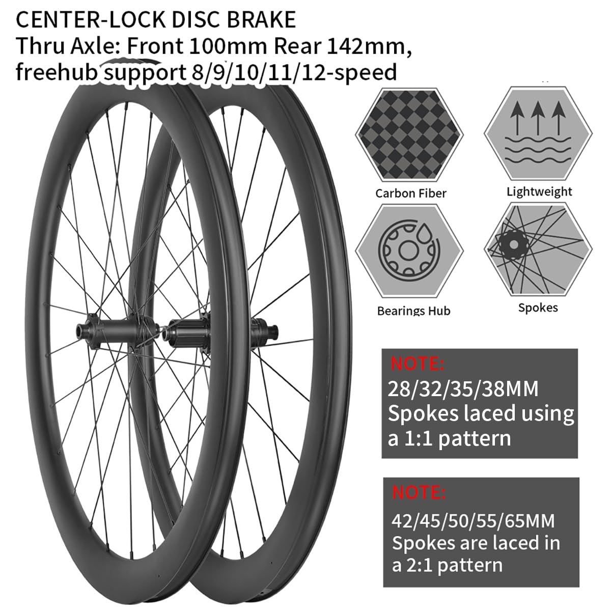 700C Fibra De Carbono Juego De Ruedas para Bicicleta De Carretera 28/32/35/38/42/45/50/55/60/65mm Eje Pasante Cierre Central Freno De Disco Bujes 24H para 8-12 Velocidades