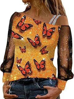 Long Sleeve Tops Women Beige, Women Fashion Top Blouse Sequin Butterfly Print Mesh Long Sleeve Cold Shoulder Shirt Loose Splice Sexy Blouse Top Cut Out Womens T Shirts Multipack Clearance Halloween