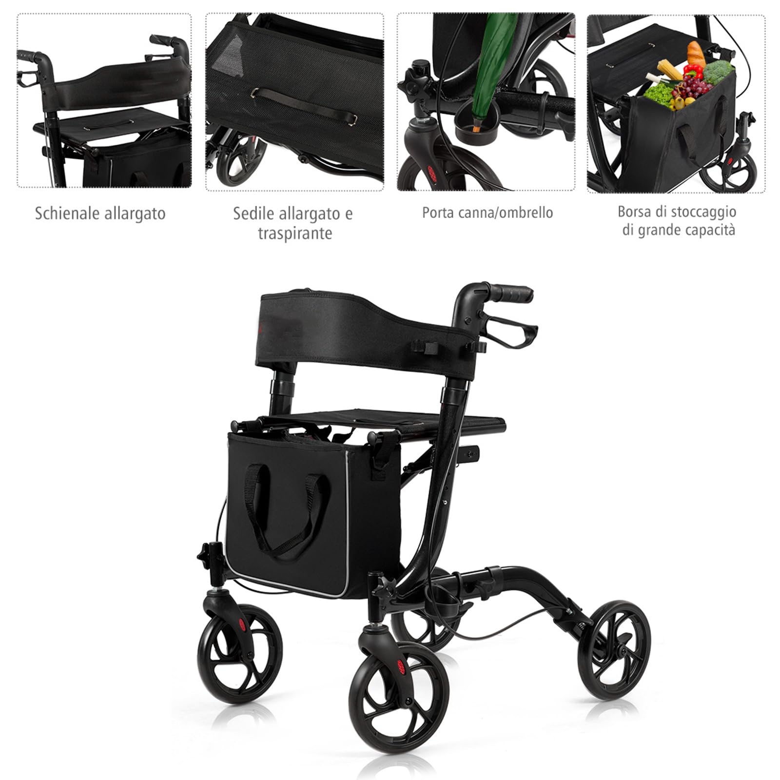 COSTWAY Deambulatore Pieghevole per Anziani Ultraleggero, con Sedile Borsa da Spesa e 4 Ruote Freno a Mano, Rollator Altezza Regolabile, Capacità 136kg, Lega di Alluminio, Nero (Nero)