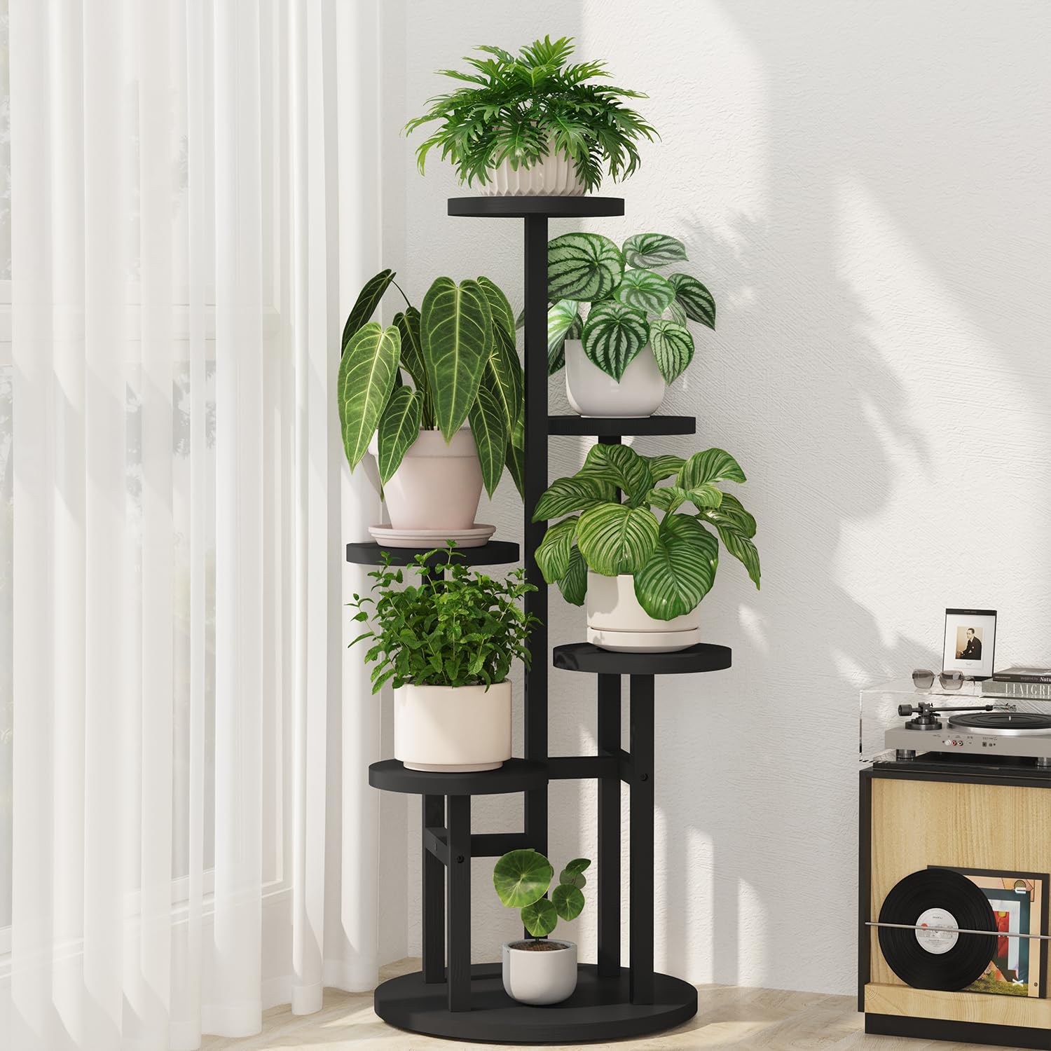iDavosic.ly 5 Tier Wood Plant Stand Indoor Outdoor Corner Tall Shelf, Black