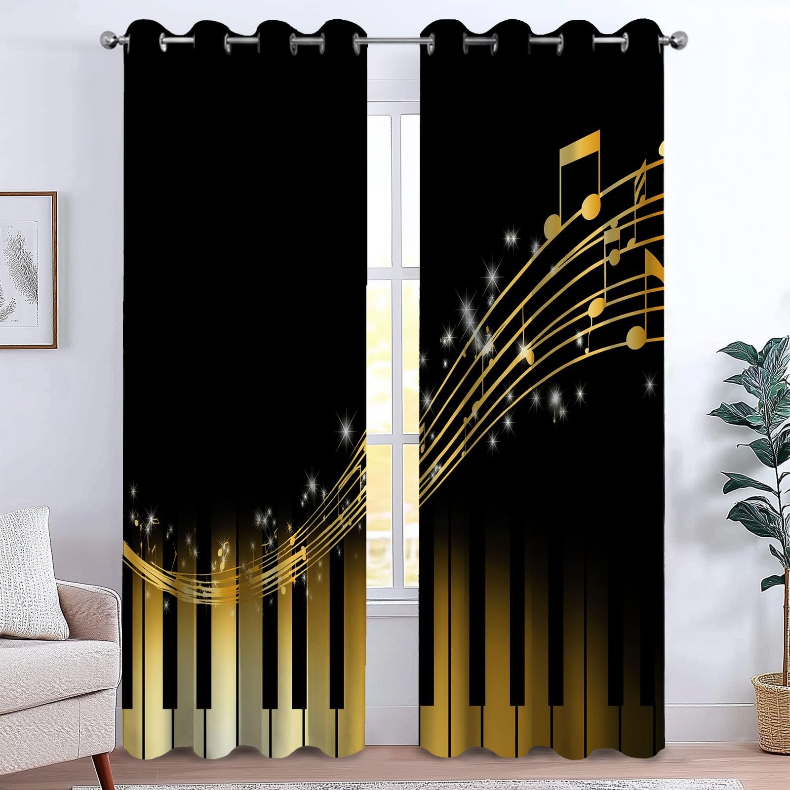 CozyRest Tende Oscuranti 2 Pannelli con Anelli Occhielli Tenda Tasti del pianoforte cultura musicale, Termiche Oscuranti Isolanti per Camera da Letto Soggiorno Privacy Nero 234 x 229 cm