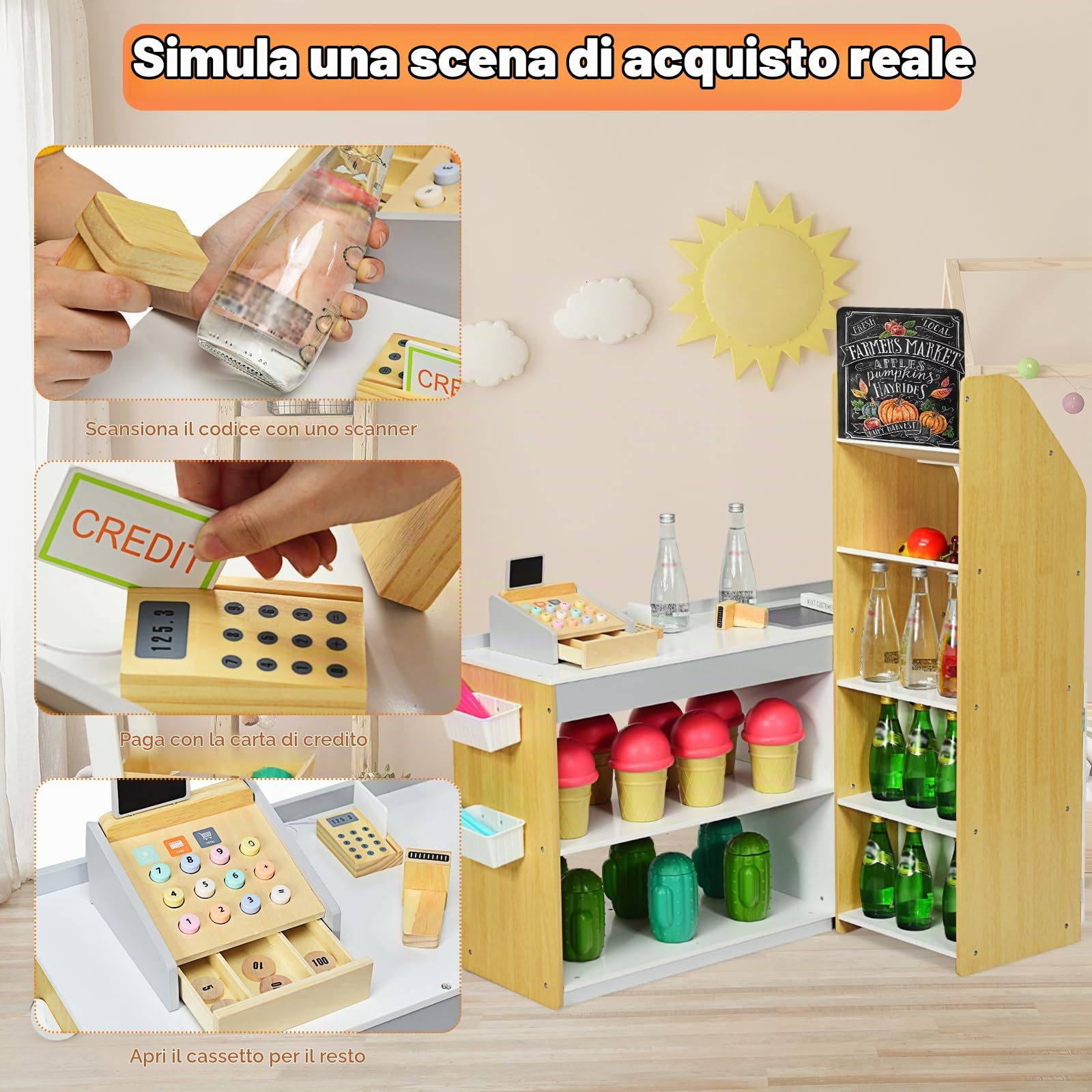 HOMASIS Supermercato Giocattolo con Carrello, Negozio per Bambini con Lavagna, Registratore di Cassa, Scanner, Lettore di Carte, Carta di Credito, Gioco di Ruolo per Bambini dai 3+ Anni, Giallo