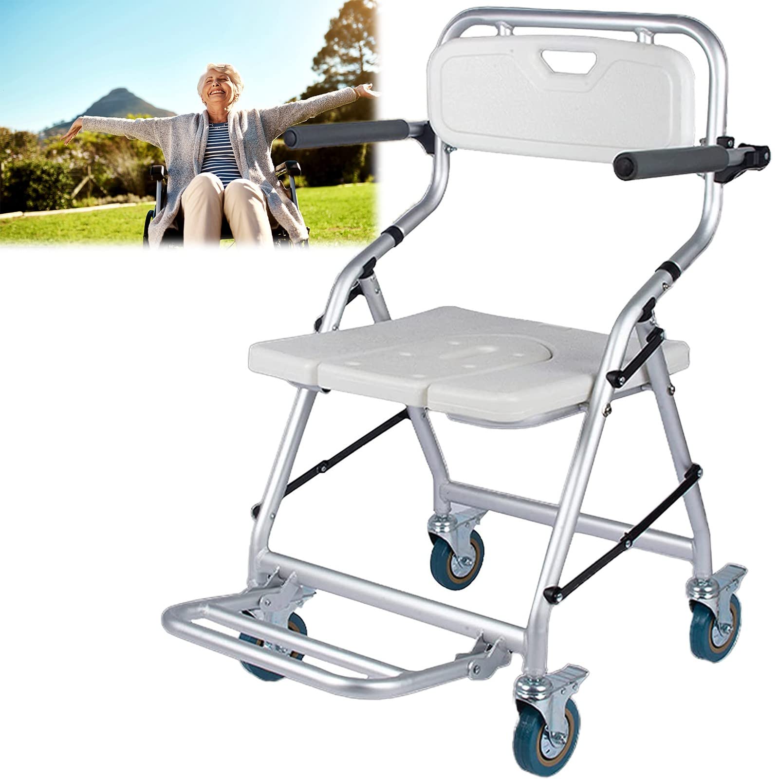 Taburete de Ducha Plegable Silla de Ducha con Ruedas para Personas Mayores y Discapacitados, Taburete Ducha Antideslizante con Freno y Respaldo, Silla de Inodoro - Carga 120kg