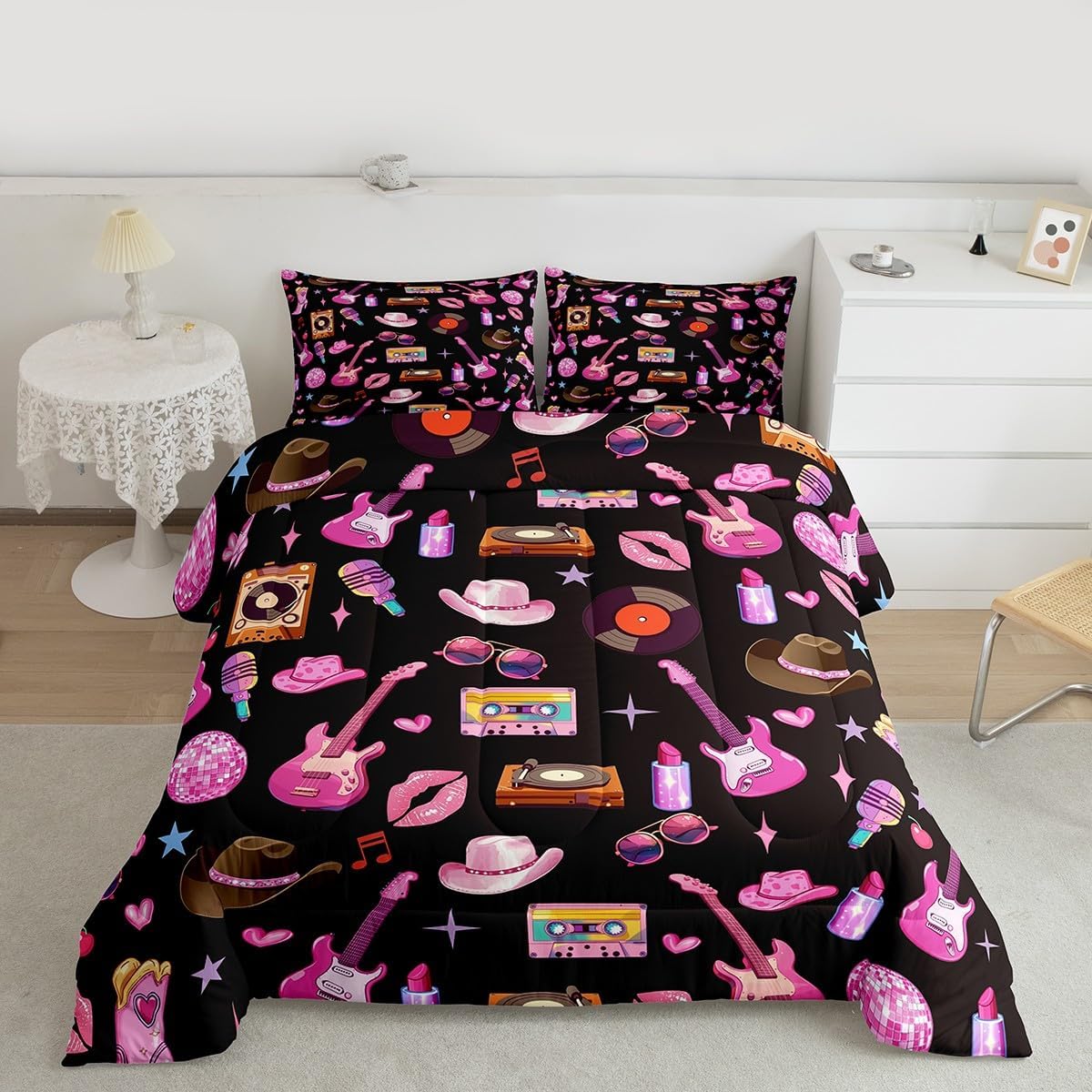 jejeloiu Girls Music Comforter Set Pink Guitar Cat Western Cowgirl Bedding Set Full Size Fashion Women Singer Comforter Black Pink Room Decor Lightweight Bed Set with 1 Comforter, 2 Pillow Case