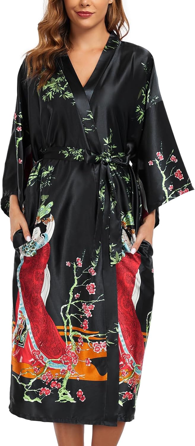BestWendding Women's Satin Kimono Robes Floral Patterned Long Bathrobe Silky Dressing Gown Bridesmaid Robes with 2 Pockets - Image 2
