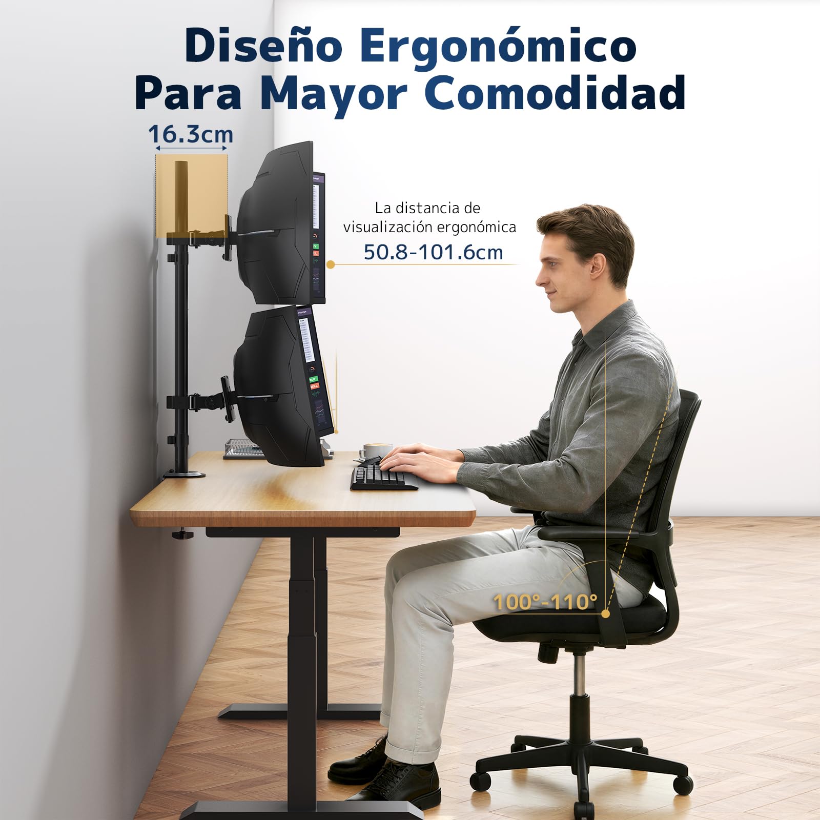Soporte Monitor para 2 Pantallas 17-49 Pulgadas – Brazo Doble Ajustable en Altura, VESA 75x75 / 100x100, Inclinable, Giratorio, Ahorra Espacio, Negro