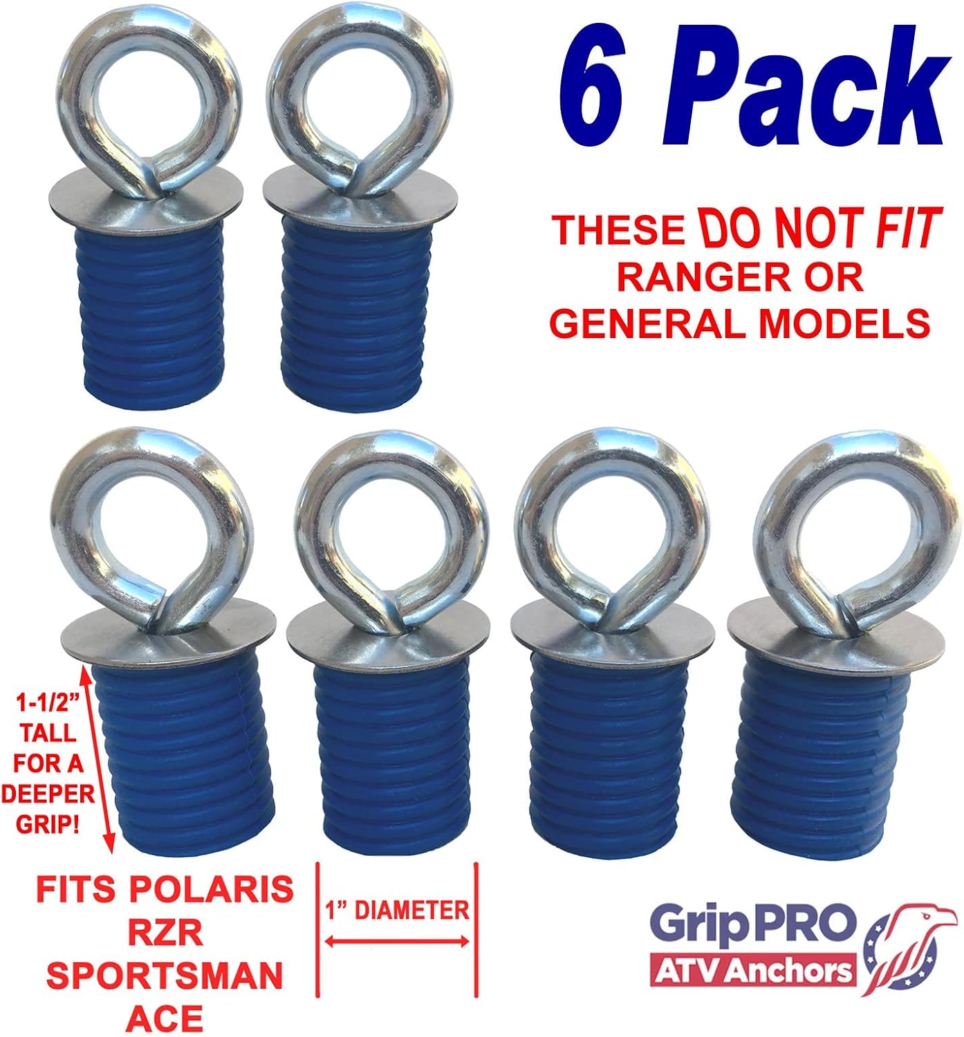 GripPRO ATV Anchors – 6 Pack Fits Polaris Lock & Ride Bed Holes on RZR & Sportsman (1" Mounts), Patented Tie Downs for Coolers, Gear & Tools – Not for Ranger/General – US Family Brand