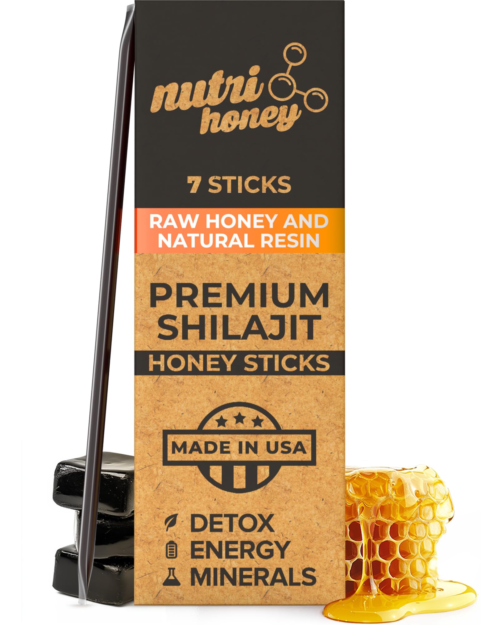 NATURAL SHILAJIT Honey Sticks - Shilajit Resin with Raw Honey, Fulvic Acid & Trace Minerals, Plant Based Nutrients for Energy, Immune Support & Vitality - 7 Shilajit Sticks