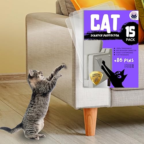 Protector de muebles para arañazos de gato, paquete de 15 hojas transparentes autoadhesivas de gran tamaño (paquete de 9 unidades de 17 x 12