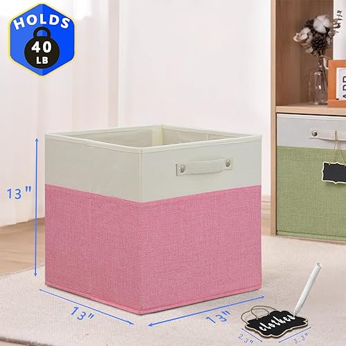 Miniatura 6 de Cubos de almacenamiento de tela plegables (4 unidades) - 13x13x13 - Cubos de lino para estantes Kallax (Blanco, Rosa) con etiquetas