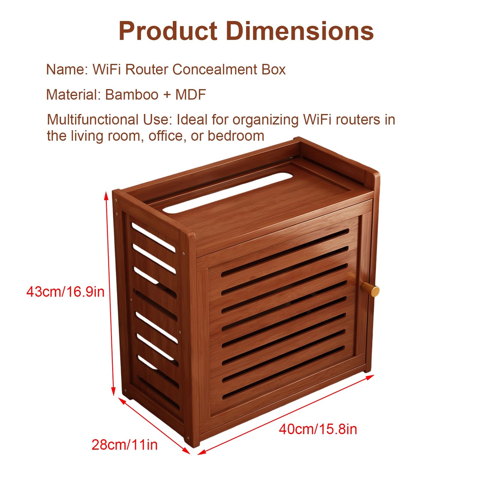 Caja De Almacenamiento WiFi De Bambú, Mueble Organizador De Cables Y Regleta, para hogar y Oficina(40 * 28 * 43cm/15.8 * 11 * 16.9in)
