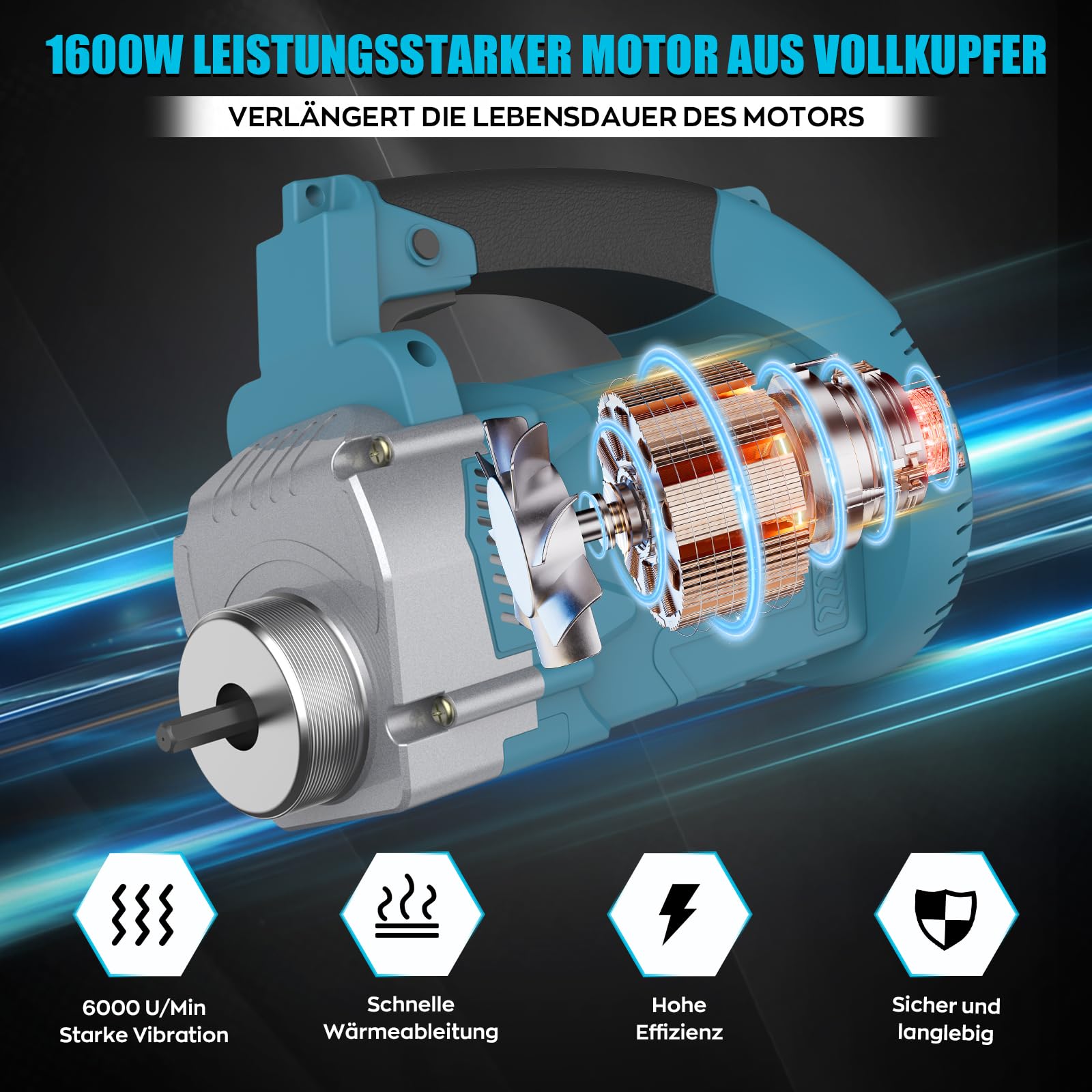IMAYCC Tragbarer Elektrischer Betonrüttler Mit Kraftersparnisgurt, 1600W Hand Beton Rüttelflasche, 2M langer Kupferstange Betonwerkzeuge Beton Rüttelflasche für Betonbauanlässe wie Straßen,Haus usw