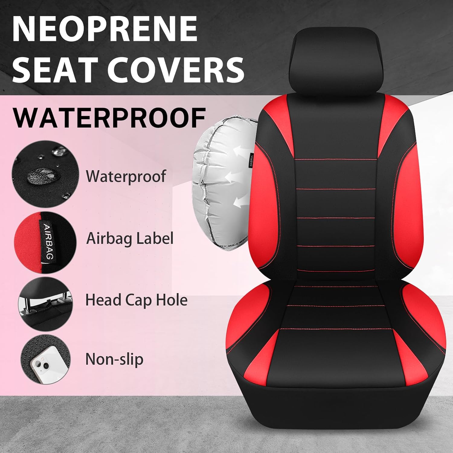 CAR PASS Neoprene Wetsuit Seat Covers, Waterproof Car Seat Covers Full Sets with 5mm Composite EVA, Universal Fit for Car,Sedan, SUV TrucksAnti Slip, Airbag Compatible(Black Red