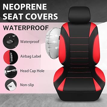 CAR PASS Neoprene Wetsuit Seat Covers, Waterproof Car Seat Covers Front with 5mm Composite EVA, Universal Fit for Car,Sedan, SUV TrucksAnti Slip, Airbag Compatible(Black and Red