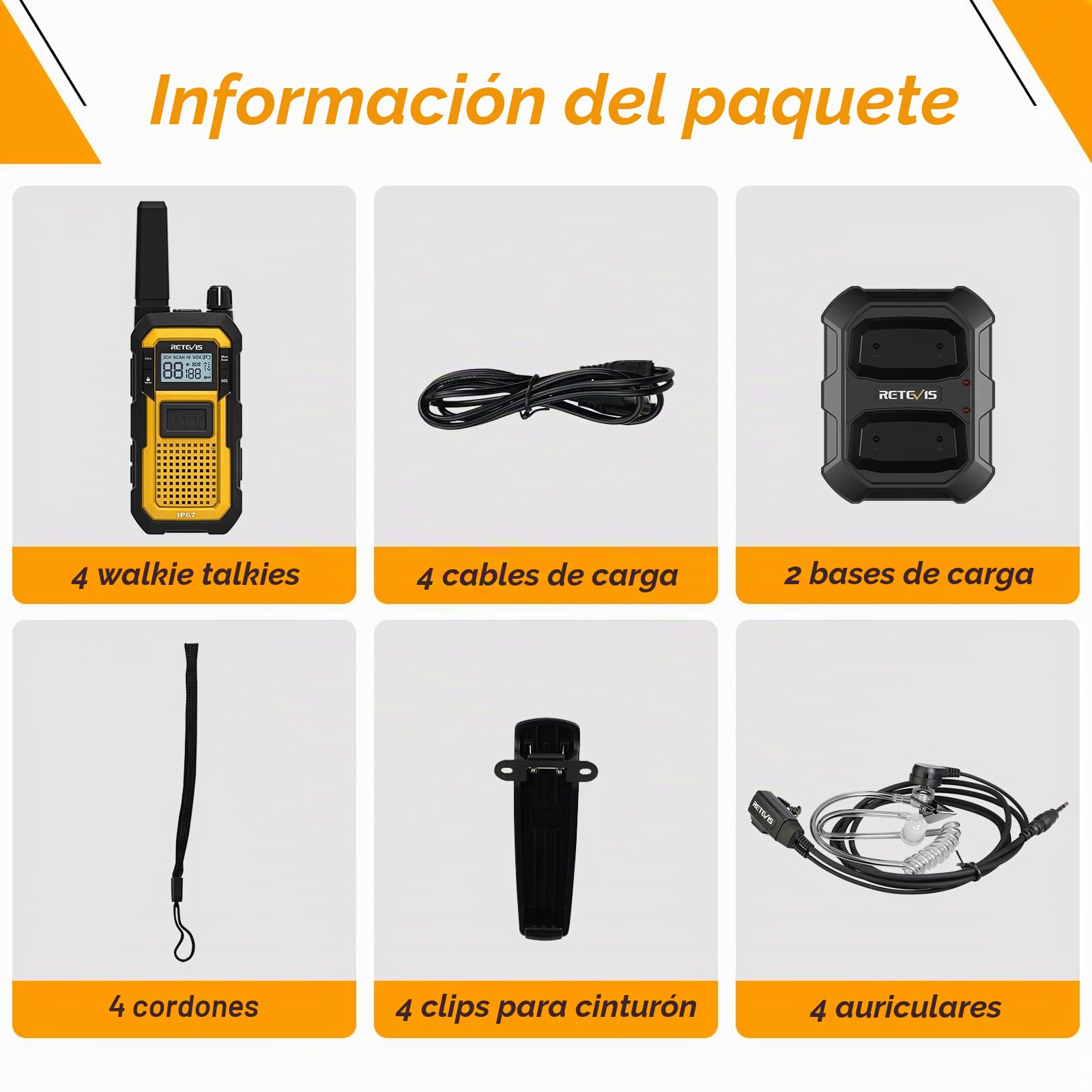 Retevis RB648 Walkie Talkie Profesional, Radio Bidireccional Impermeable | MIL-STD-810H, IP67 Impermeable, Vibración SOS, 2000 mAh, Resistente con Auricular para Construcción (4 Pcs, Amarillo)