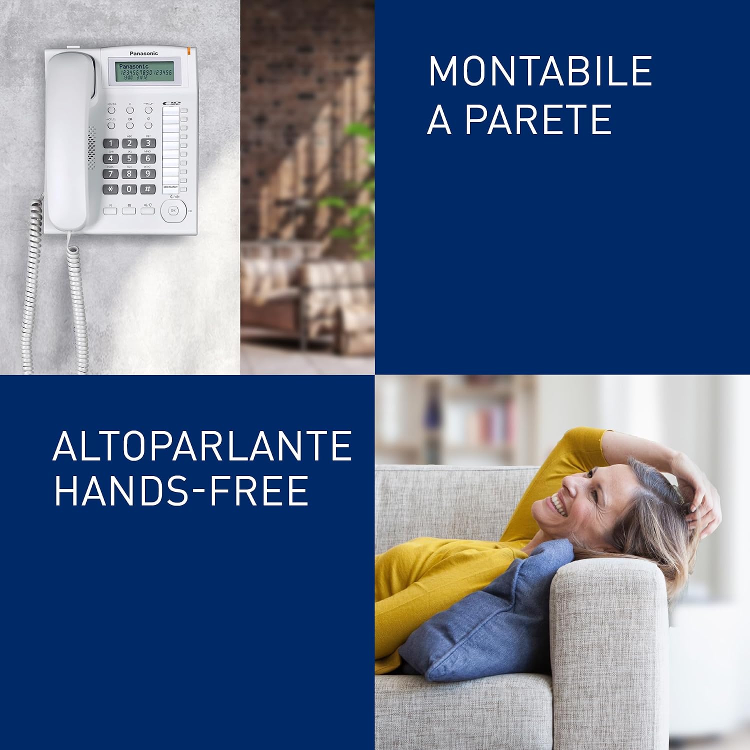Panasonic KX-TS880EXW phone mounted on a wall and a person using the hands-free speakerphone function.