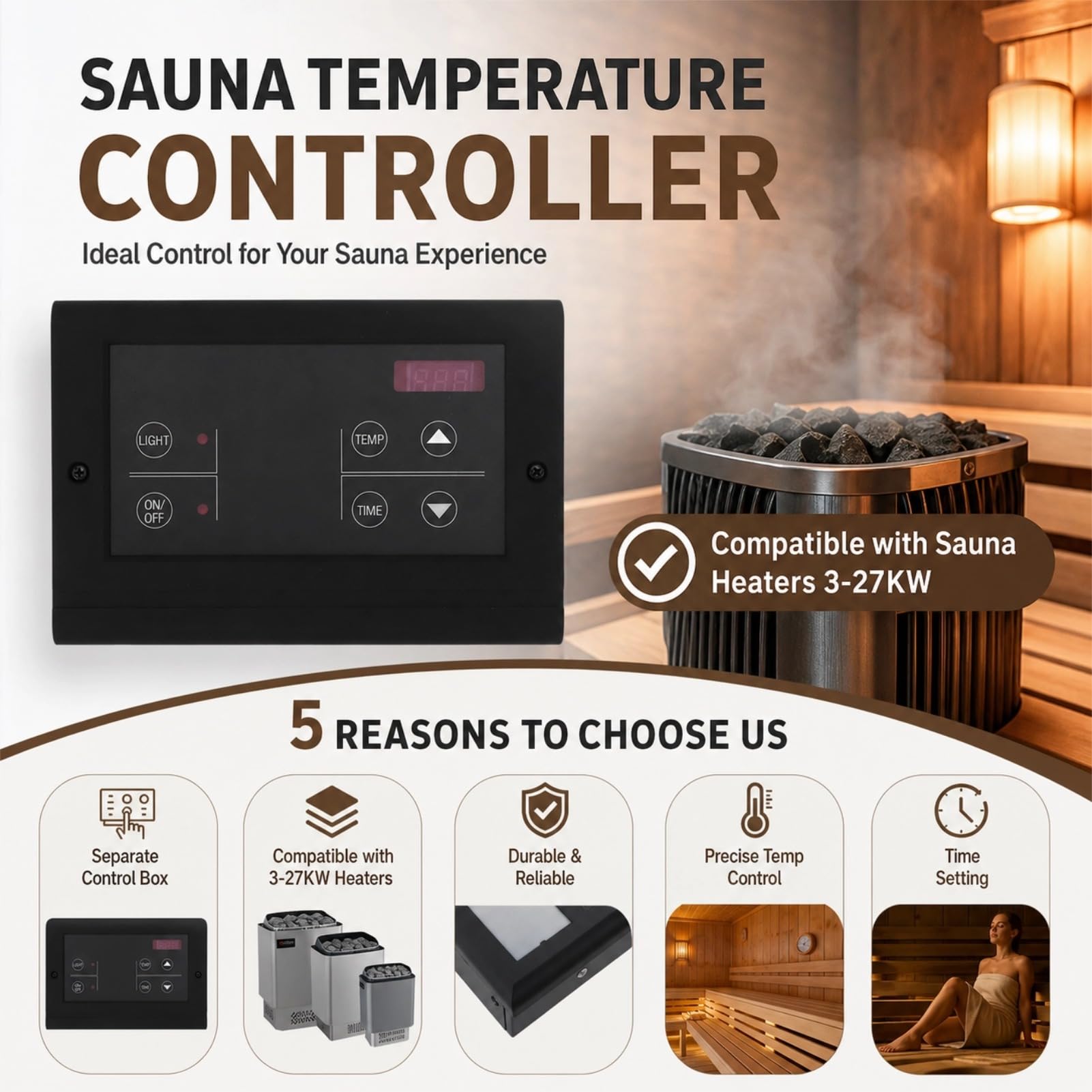 Controlador de Temperatura de Sauna, Panel de Control de Generador de Digital de Montaje en Pared, para Salas de Sauna y Baños de Material ABS 35 110 ℃ Rango de Temperatura (Negra)
