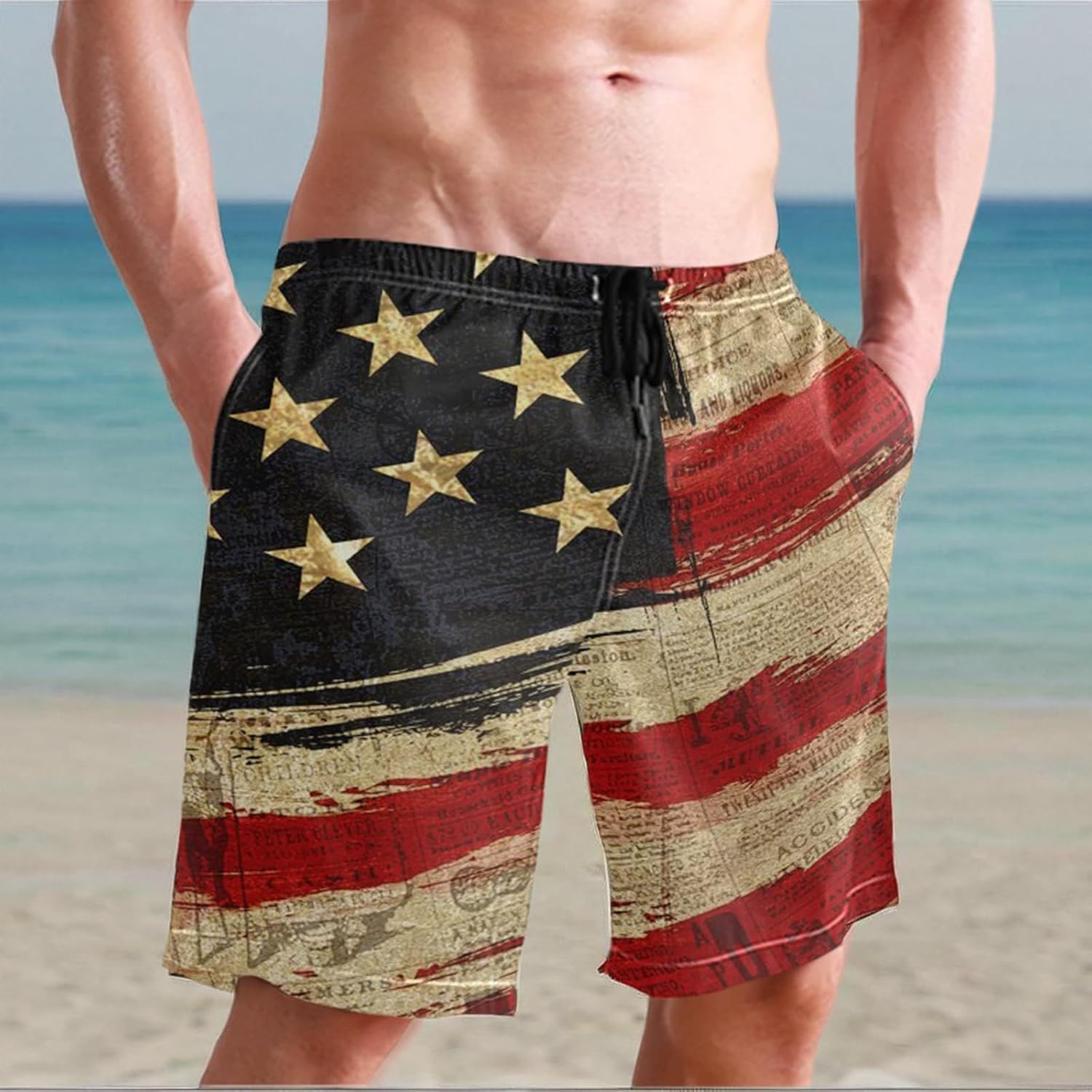 CHILL·TEK Men's Swim Trunks American Flag Quick Dry Board Shorts for Men Newspaper Beach Bathing Suits with Pockets