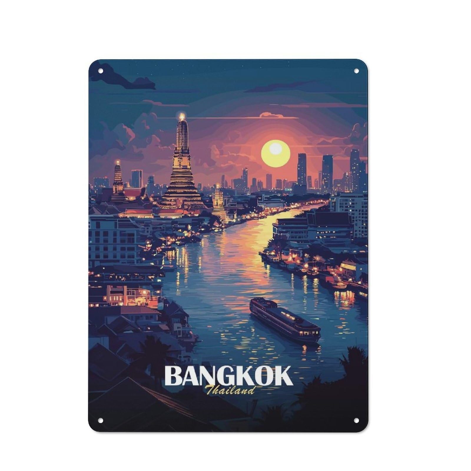 Junmoney Style-10 Urban Metal Wall Art Sign 40X30cm Featuring Bangkok Thailand Cityscape At Sunset, Studio Wall Art For Modern Home, Workshop, Office Or Cafe