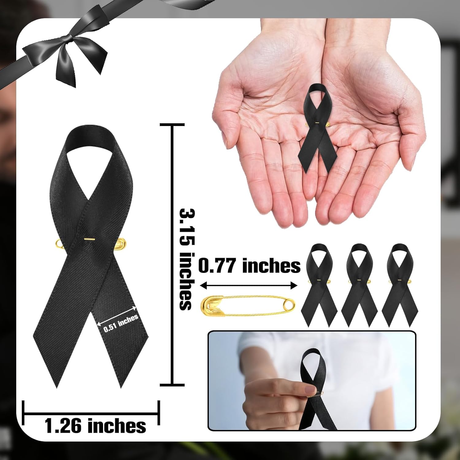 Halatool 200 PCS Black Ribbon with Safety Pins for Funeral and Memorial Service