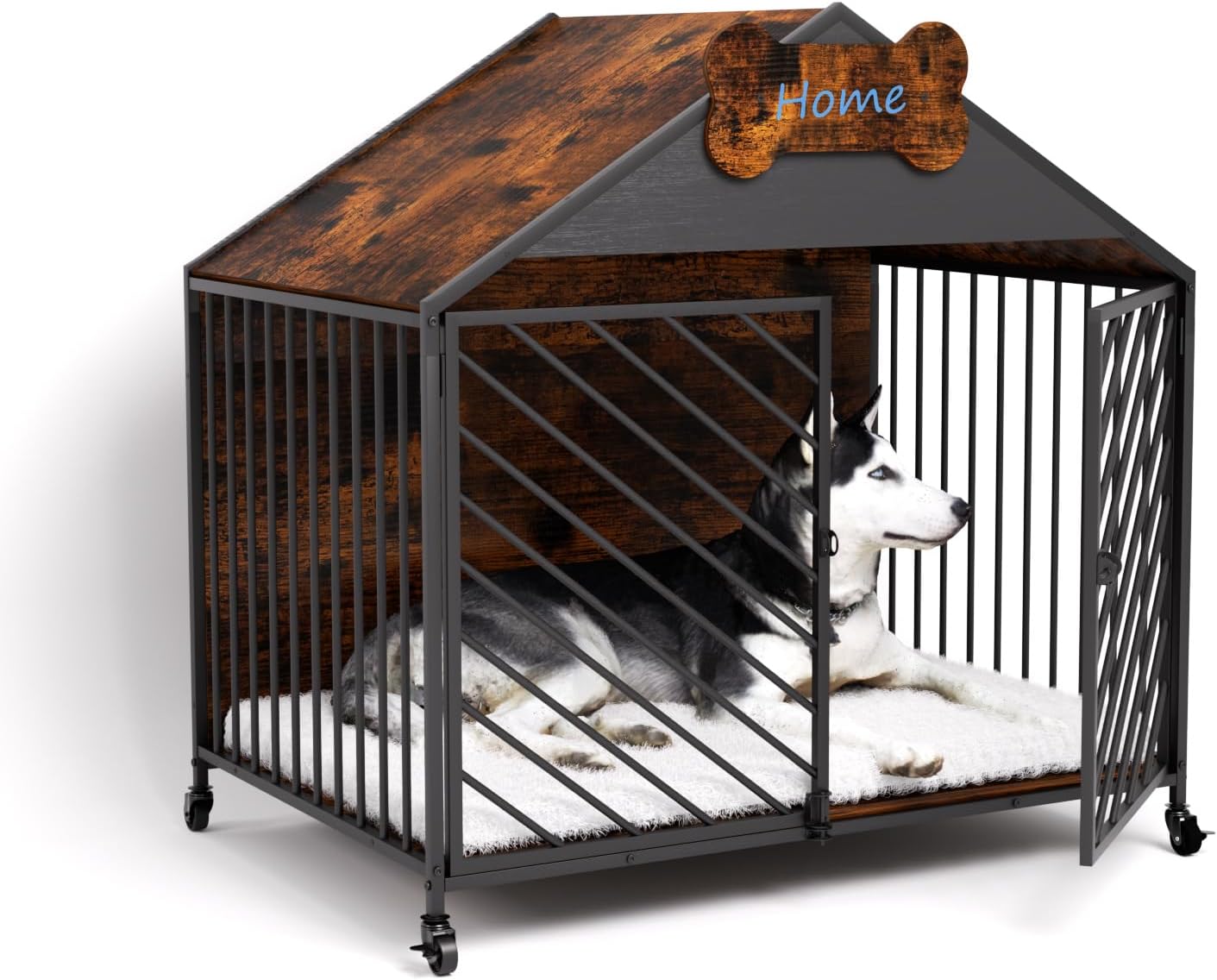 Furniture Dog Crate for Small & Medium Dogs, 32" Gable Roof Indoor Kennel with Double Locking Doors, Escape Proof Chew Proof Metal Dog Cage, Heavy Duty Wood-Style Crate for Home Decor, Rustic Brown