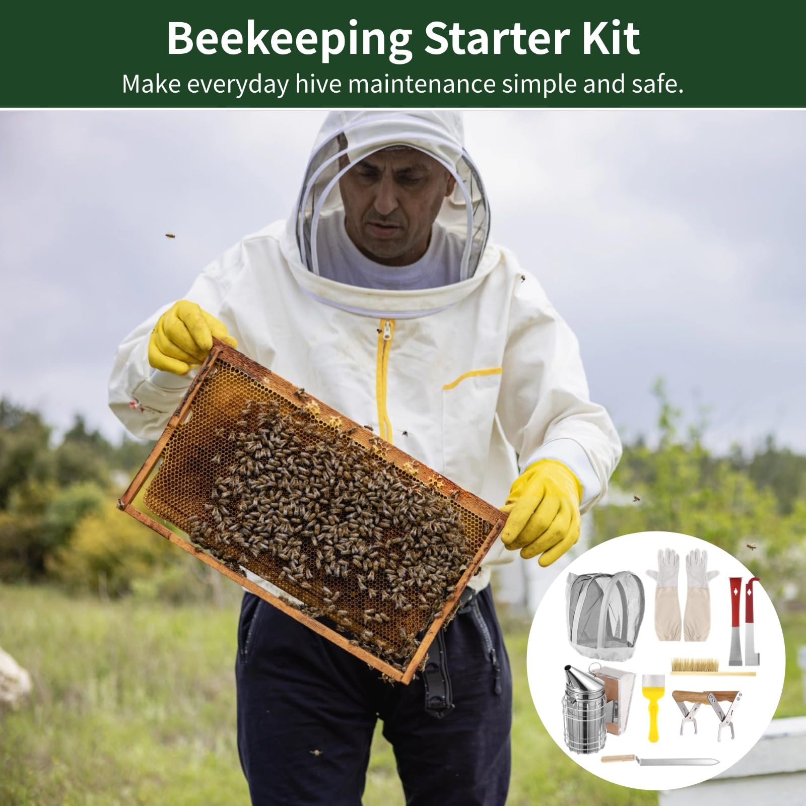 9-teiliges Imkerei-Starterset mit Bienen-Smoker, Hut, Handschuhen, Stockmeißeln, Bürste, Entdeckelungsgabel, Entdeckelungsmesser und Rähmchenheber, Werkzeuge für Anfänger
