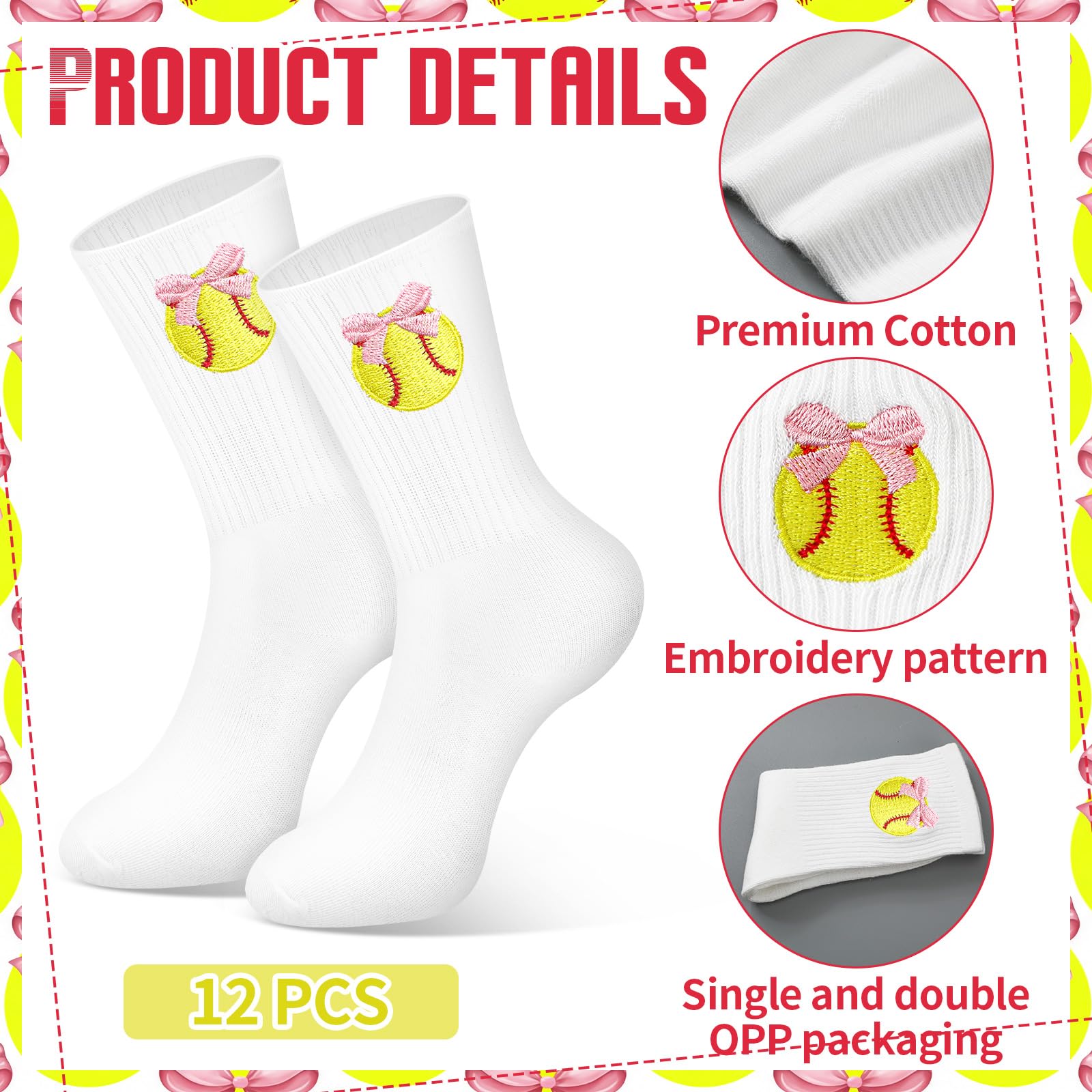 Glitopper 12 Pairs Team Socks Gifts Bulk for Women, Pink Bow Softball Embroidered Socks Gifts Bulk for Women Girls