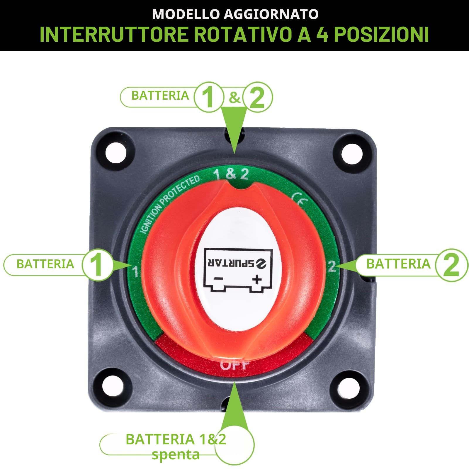 Spurtar Interruttore Stacca Batteria 12V 24V 48V 1-2-Both-Off Stacca Batteria per Auto, Camper, Yacht, Barca, Camion, Autobus