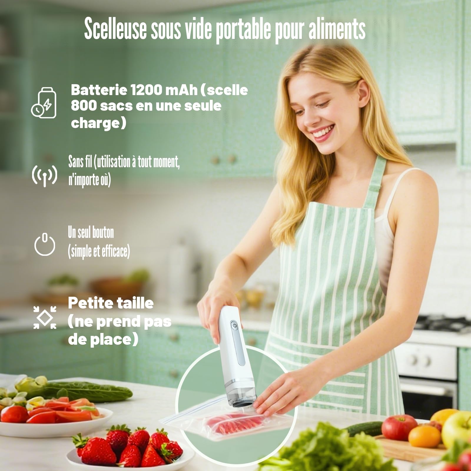 Appareil de Mise Sous Vide Compact Manuel pour Aliments,Scelleuse Portable avec 30 Unité Sachets Réutilisables | Scelleuse Mini pour Conservation,Appareil de Préservation Chef Compact