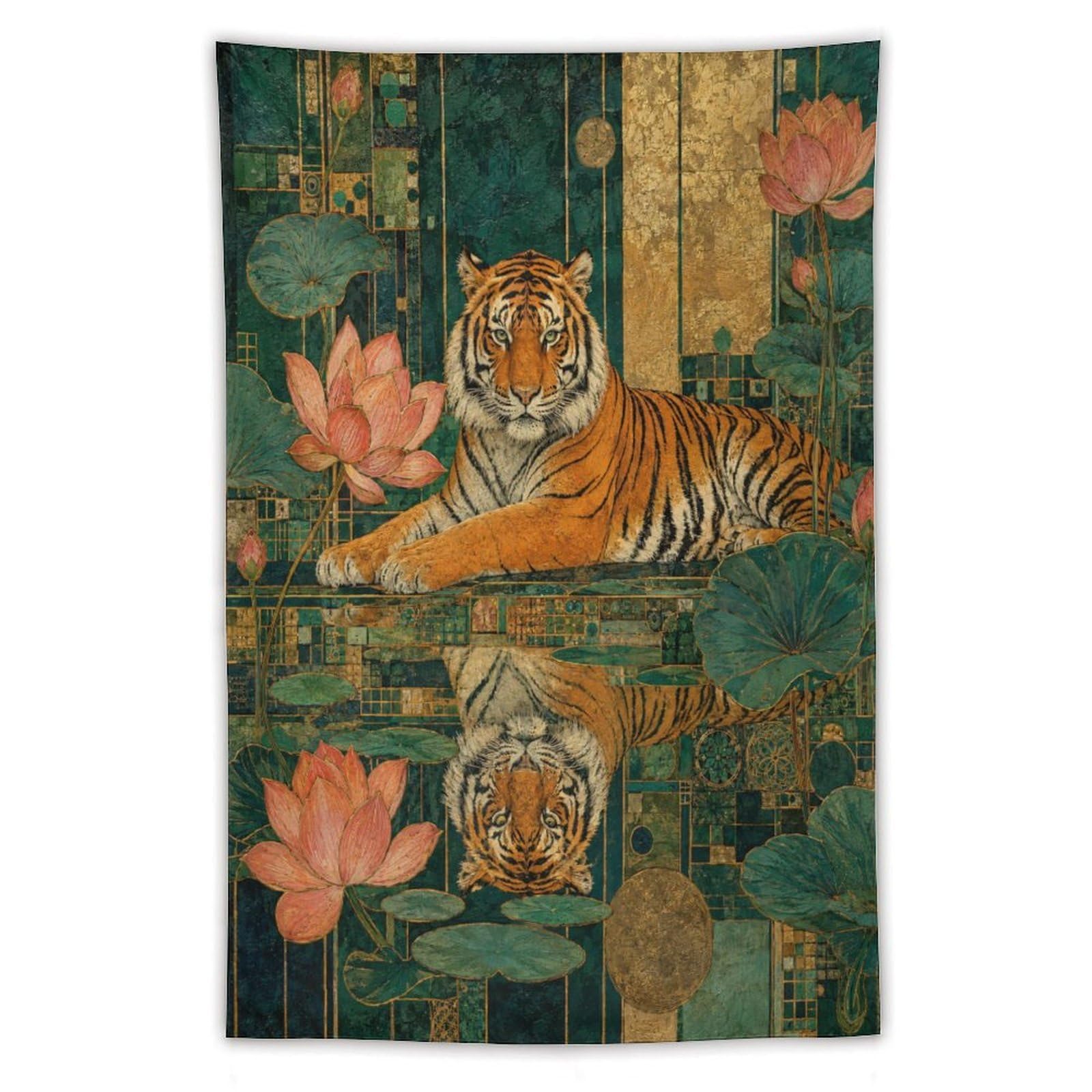 H3B8U2Y5 Tiger with Lotus Wall Tapestry, Asian Ink, Asian Jungle