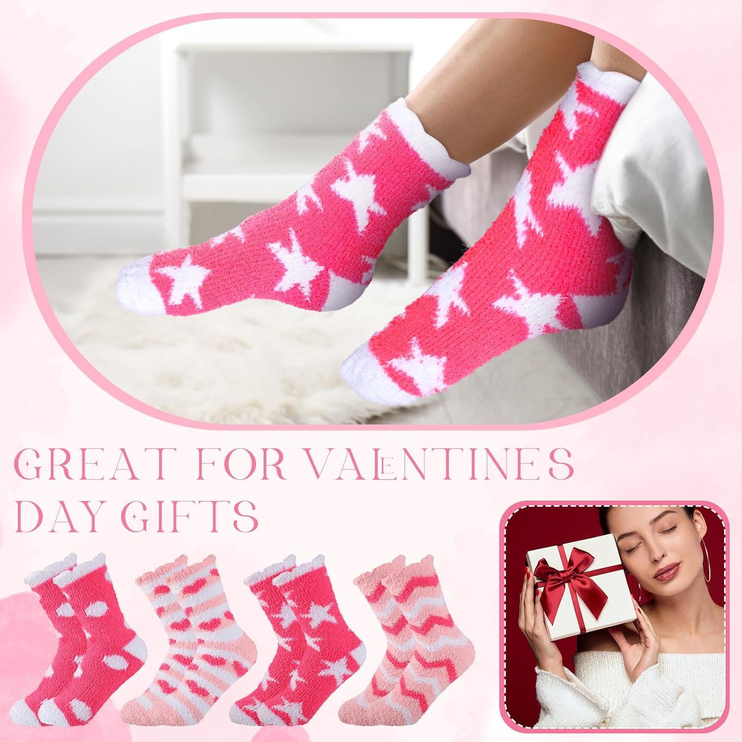 Hicarer Valentines Fuzzy Socks Bulk for Women Pink Cozy Fluffy Plush Sleeping Slipper Socks for Warm Winter Valentine Gifts - Image 2