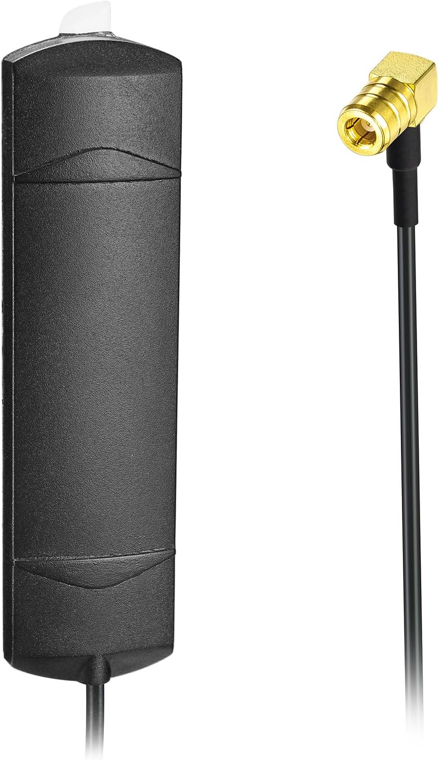 Eightwood DAB+ car antenna installed on a car windshield, with the cable routed and connected to the radio. The image highlights strong adhesion and the SMB male connector.