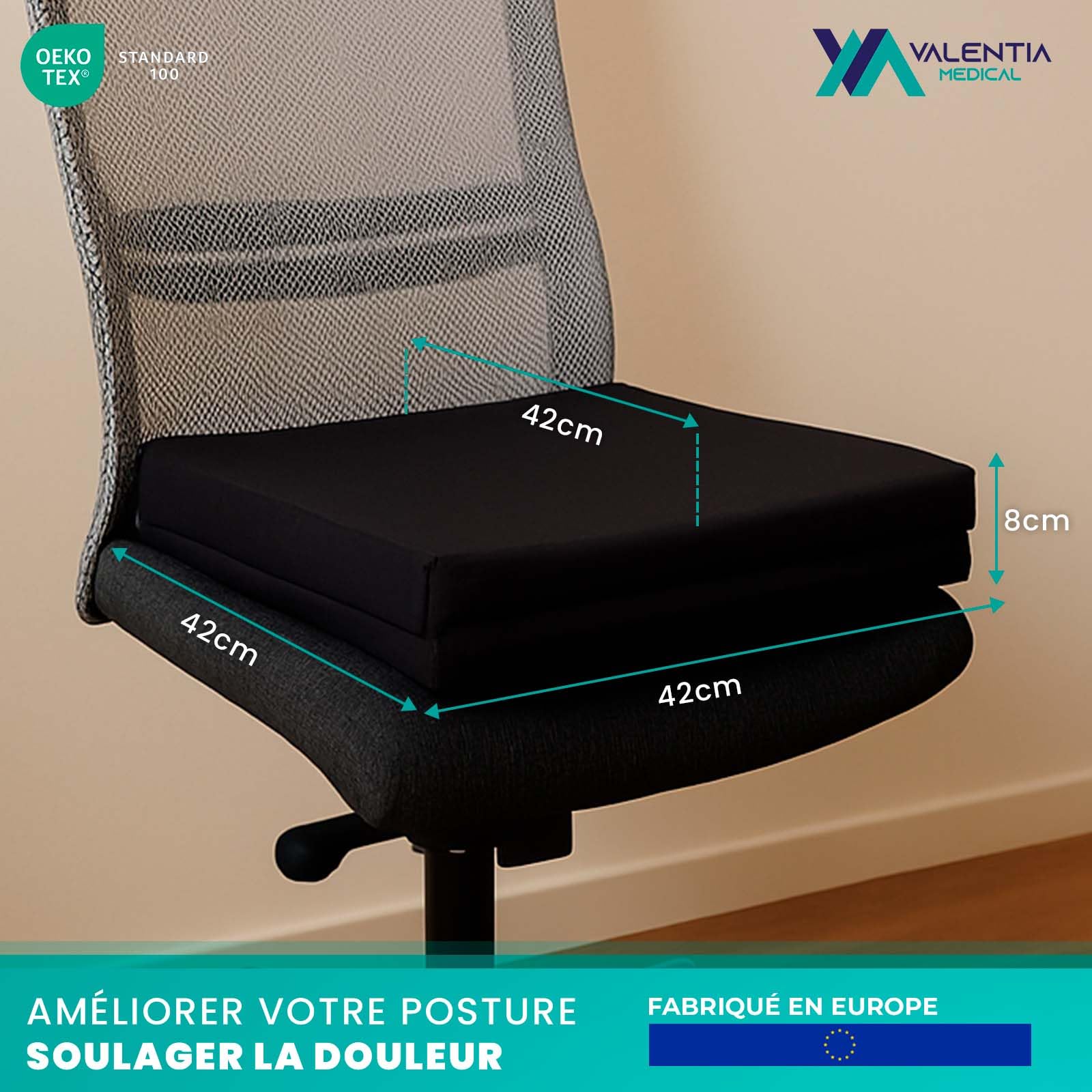Coussin Anti Escarres Fessier Mousse HR 42x42x8 avec Memoire Forme - 100% Impermeable- Coussin Coccyx Coussin Fauteuil Roulant - Coussin Orthopédique Fessier - Double Housse Lavable