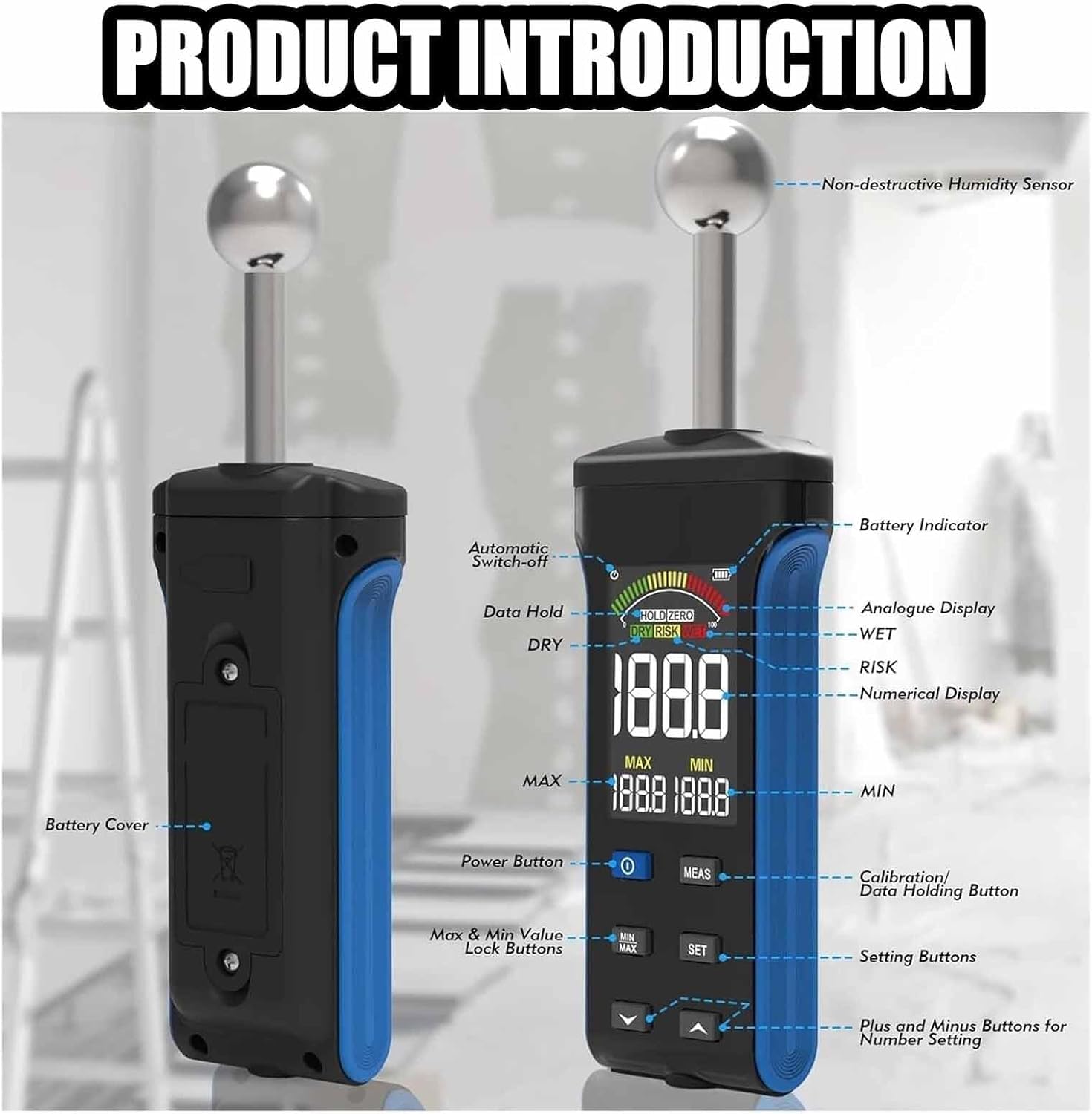 Misuratore di umidità del Legno Senza Contatto, con Sonda A Sfera, Allarme Acustico, Display LCD A Colori, profondità di Analisi 20-40 Mm, per Pareti, Intonaci, Tronchi, Roulotte, Pavimenti
