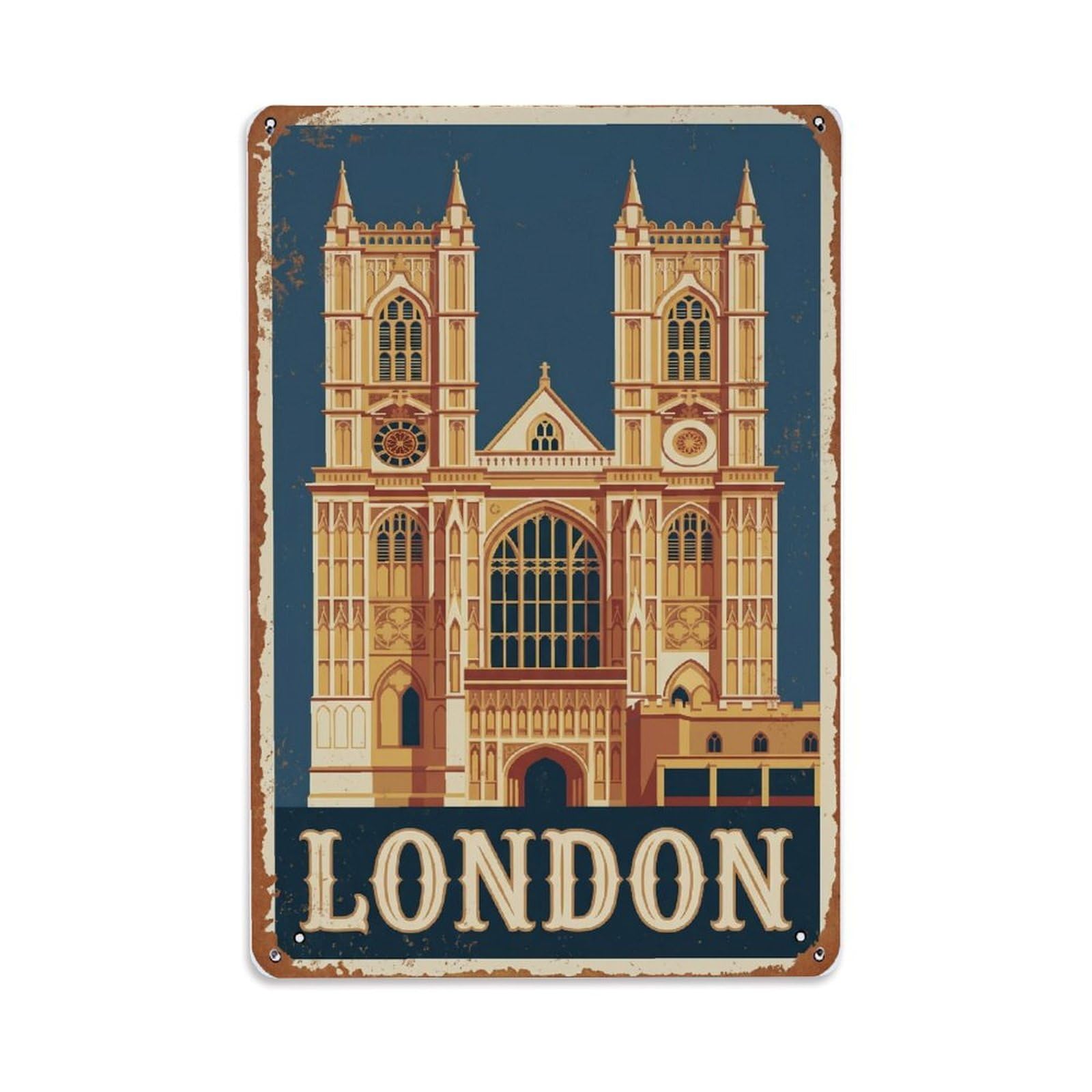 Vintage Travel London Westminster Abbey Gothic Rusted England Metal Tin Sign Plaque Wall Decor for Cafe, Club Bar, Office, Home Garden Metal Poster 8x12Inch