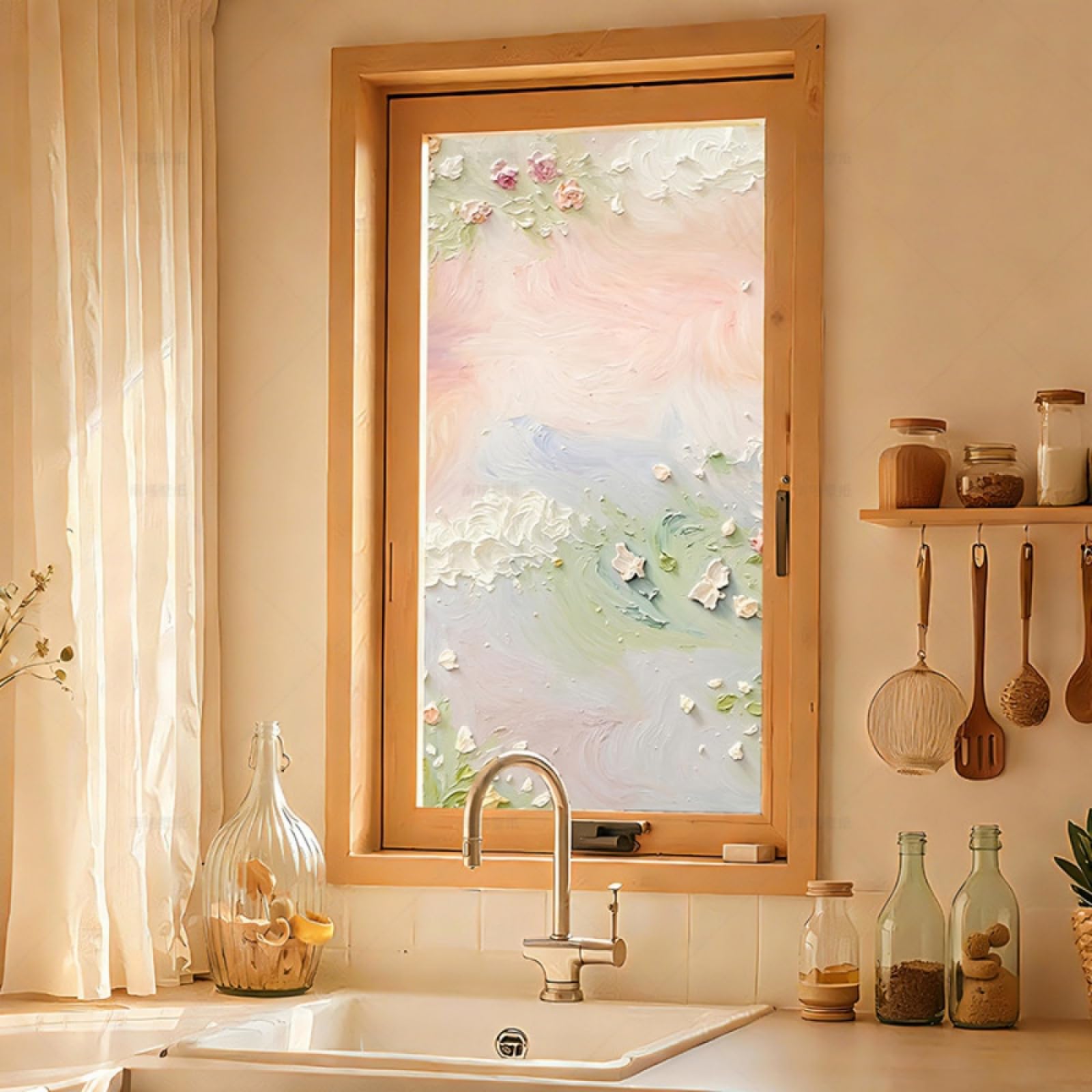 Vinilo Adhesivo Cristal Decorativo Pintura Al Óleo Paisaje Vinilos para Cristales Privacidad Estatico Anti UV Reutilizable para Oficina Dormitorio Sala de Estar Vinilo para Ventanas