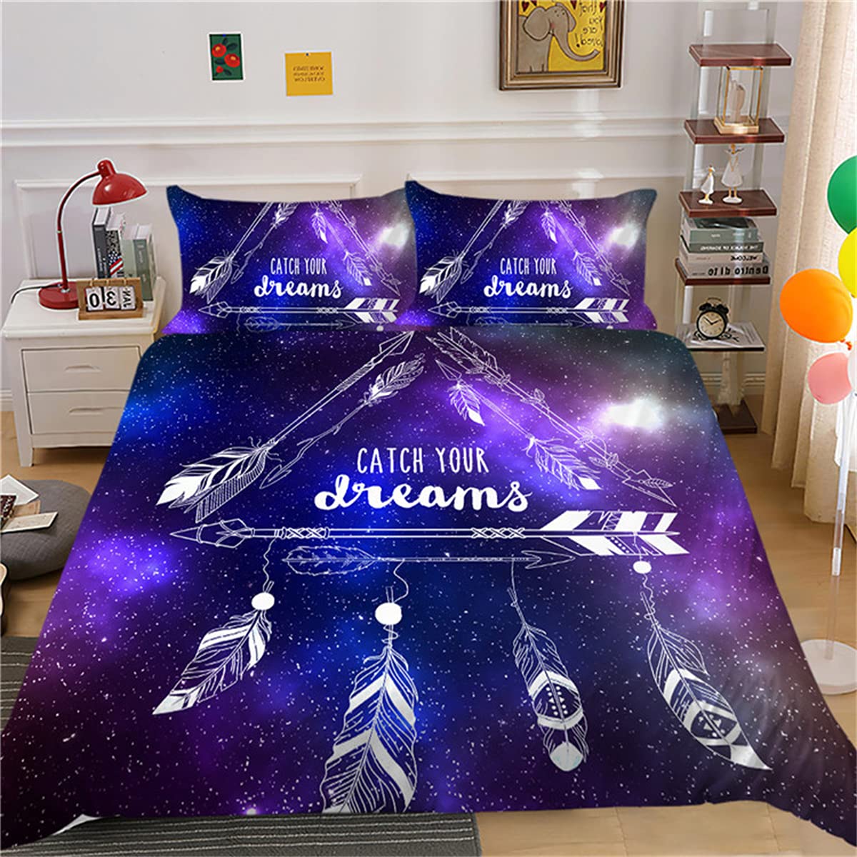 Housse de couette 200x200 cm plume bohême et taies d'oreiller