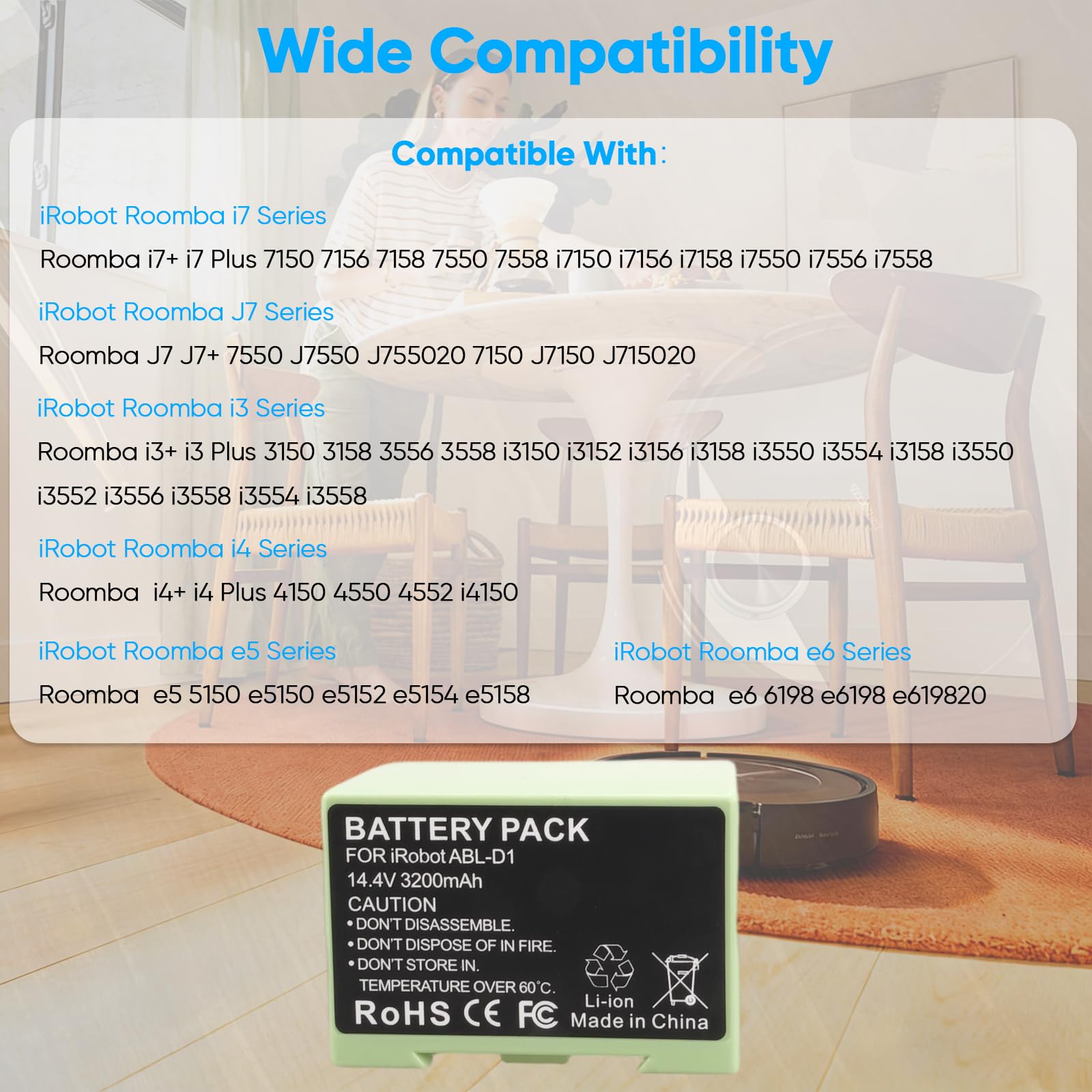14,4 V 3200 mAh Batería Compatible con iRobot Roomba e-Serie e i, i8 i8+ i7 i7+ i4 i4+ i3 i3+ i6 e5 e6 J7 7150 7156 7158 7558 3150 3158 3550 e5150 e5152 e6198 ABL-D1 ABL-D2 Aspirador Robot