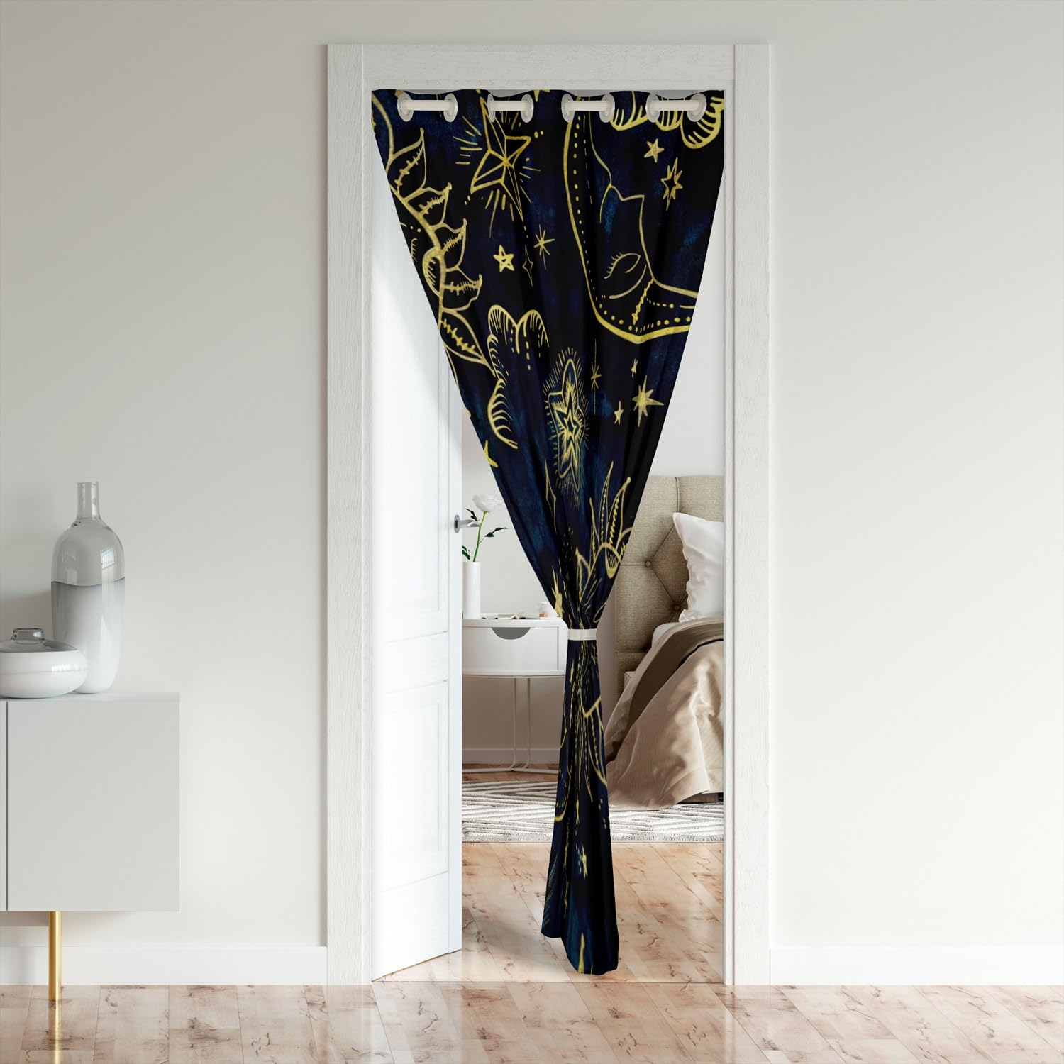 Loussiesd Sun and Moon Window Treatments Kids Bohemian Style Closet Door Cover Curtain for Bedroom Living Room Set for Boys Girls Boho Window Treatments Galaxy Astrology Golden Bedroom 86x203cm - Image 2