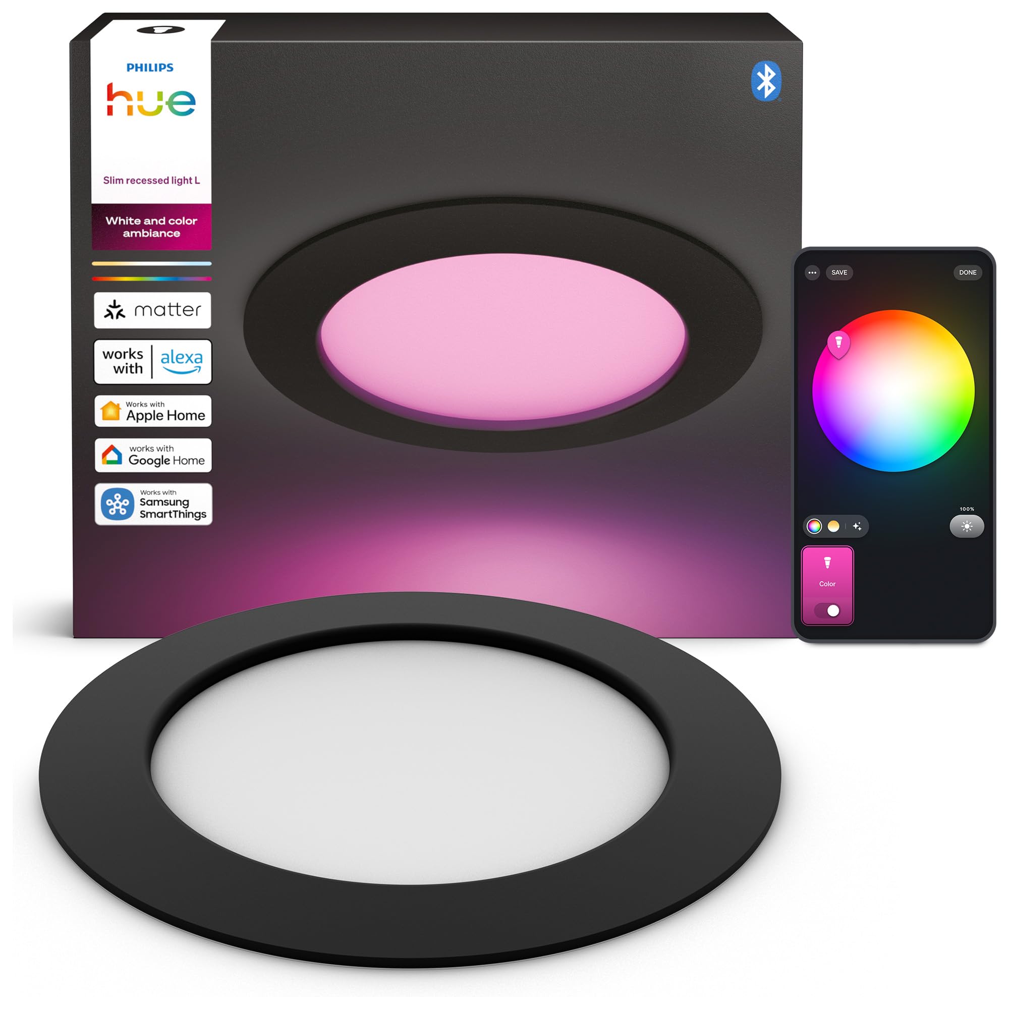 Philips Hue Slim Downlight, Smarte LED-Beleuchtung, 1.000 lm, 90 mm, Schlankes Design, Vollspektrum-Tagesl. 1.000–20.000 K, Extrem Stufenlos Dimmbar, Präzise Farbe, Smart Lighting, Schwarz, 3er-Pack