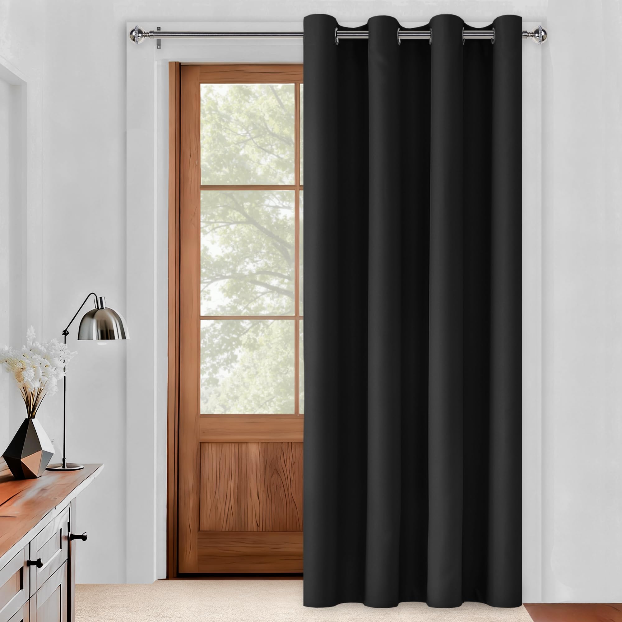 DWCN Door Curtain with Eyelet, Black, 52 x 70 Inch Width by Length Blackout Curtain Thermal Super Soft Soundproof Room Divider Window Treatment for Bedroom Living Room Hotel, 1 Panel