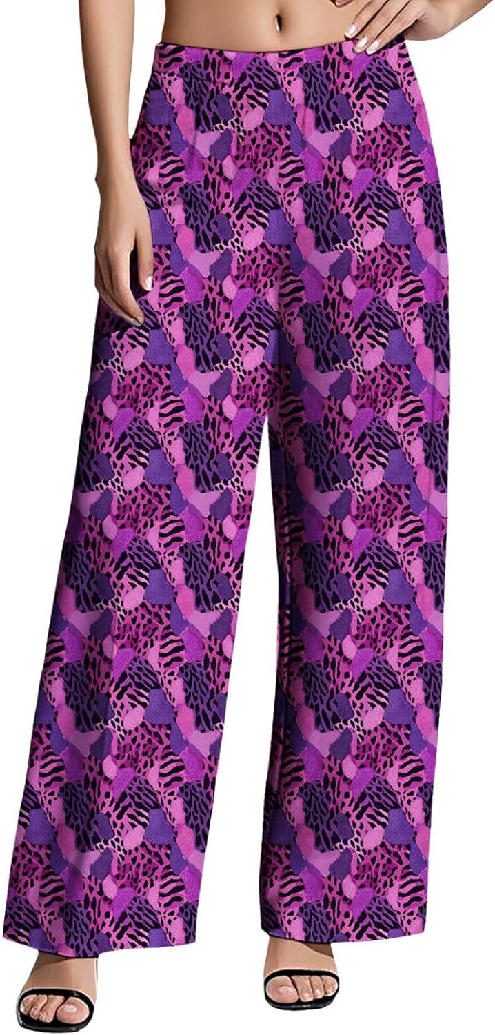 Womens Wide Leg Pants Plus Size High Waisted Pattern Print Lounge Trousers Classic Basic Comfy Work Office Pant