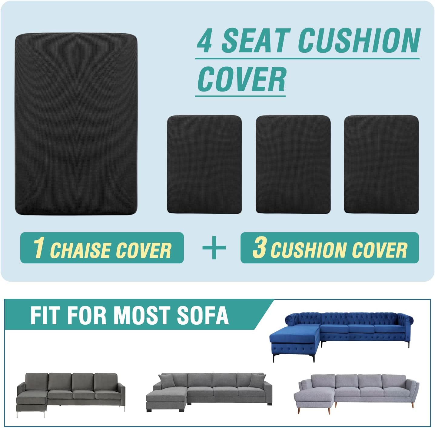 4 Pieces Sectional Couch Covers L Shape Sofa Cover Separate Cushion Couch Chaise Lounge Cover Stretch Sofa Slipcover Furniture Protector for Both Left/Right Sectional Couch (4 Seater, Black)