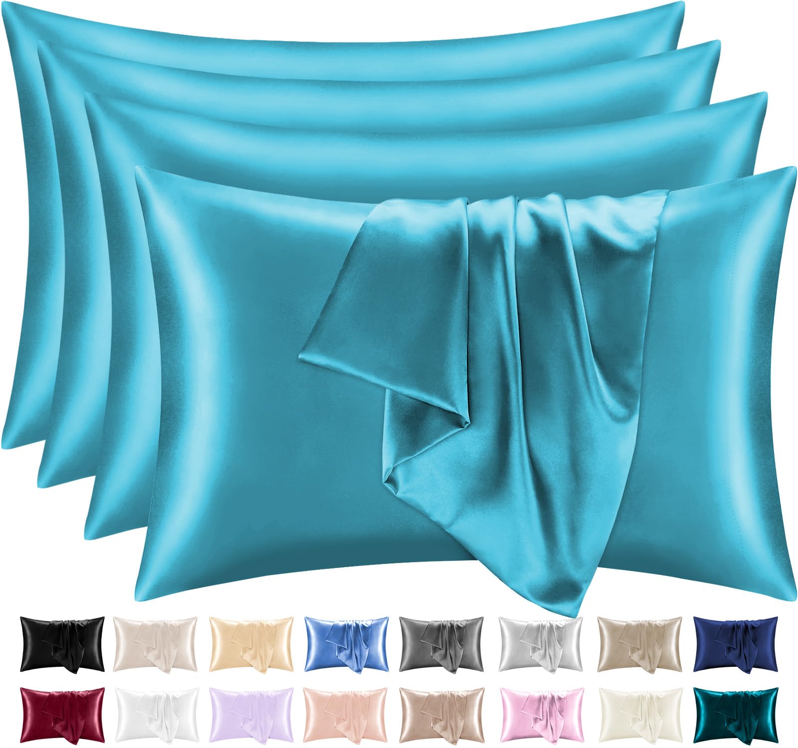 Lazzaro Satin Silk Pillowcases for Hair and Skin - Hypoallergenic Silk Pillow Cases 4 Pack with Envelope Closure - Ultrasoft Standard Size Teal Silk Pillowcases (50 x 75 cm)