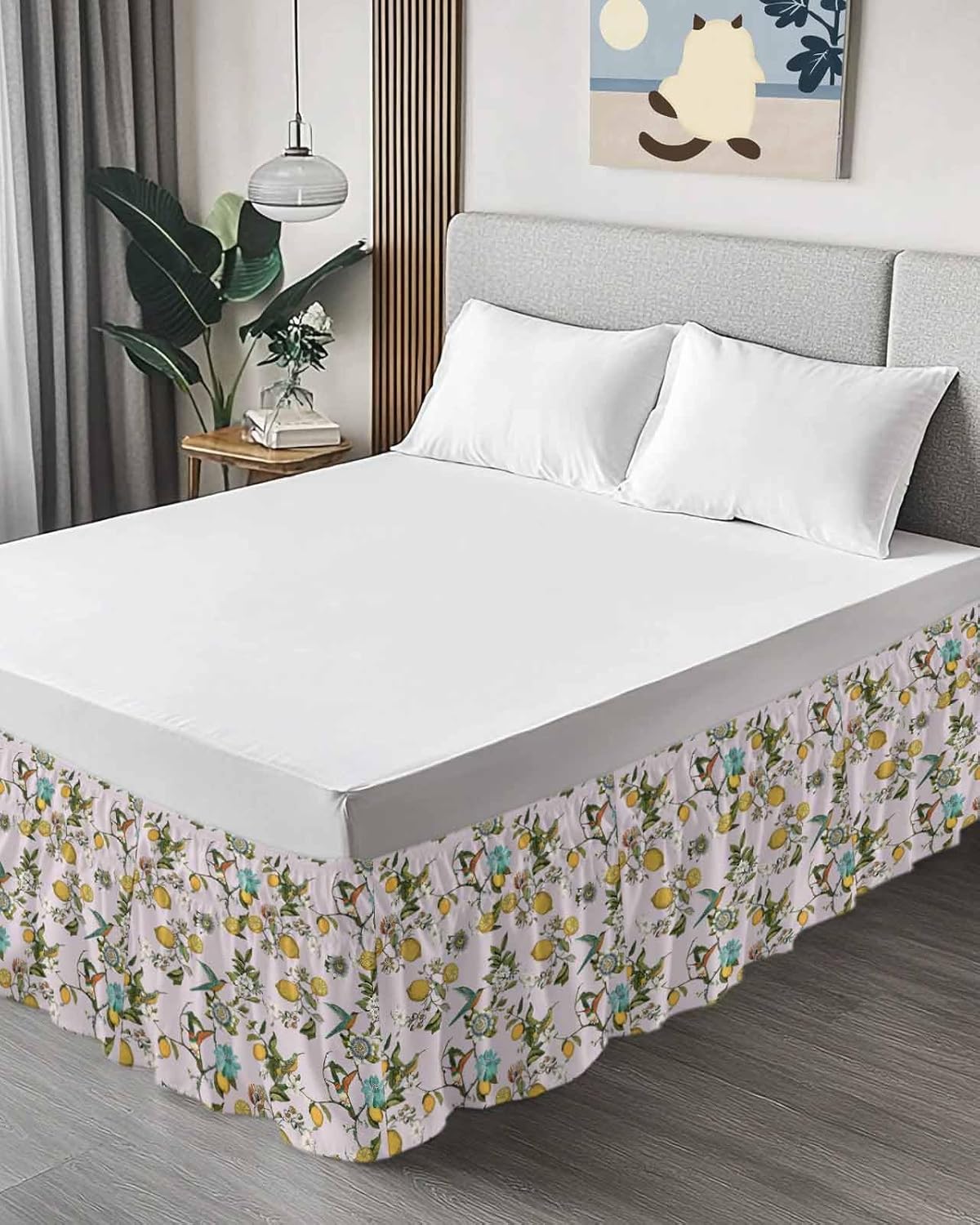 Pink Botanical Bed Skirt King Size 16 Inch Drop, Adjustable & Elastic Wrap Around Bed Skirts Pleated Luxury Dust Ruffles for Twin Full Queen Cal King Base Bed, Spring Floral Summer Lemon Birds